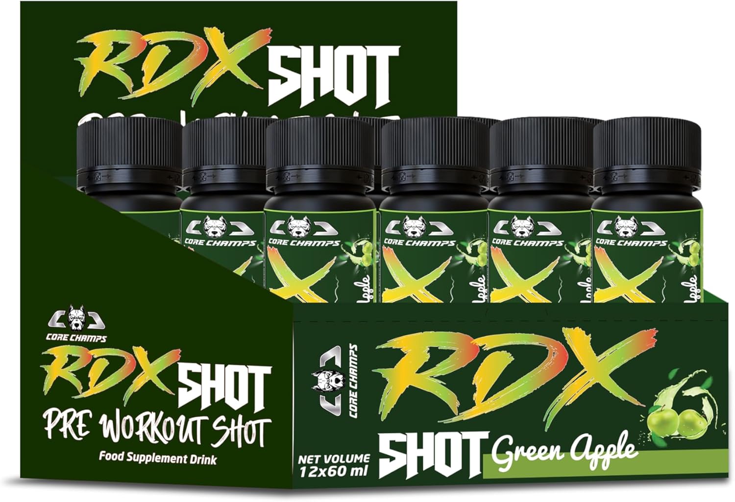 نوشیدنی پری‌ورک‌اوت کور چمپس مدل RDX، 60 میلی‌لیتر، طعم سیب سبز