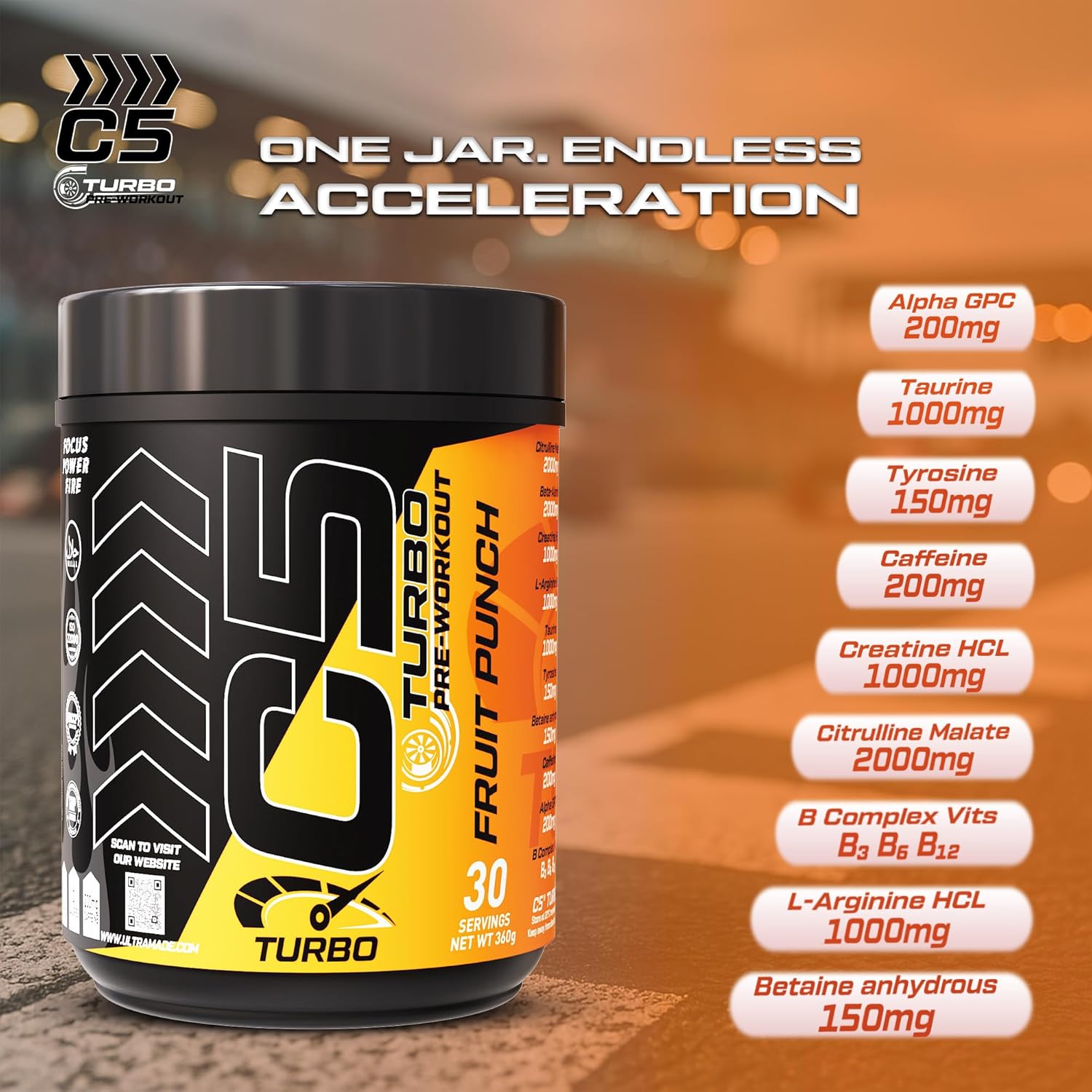 پودر پری‌ورک‌اوت C5 مدل TURBO، 360 گرم، 30 سروینگ، طعم انبه