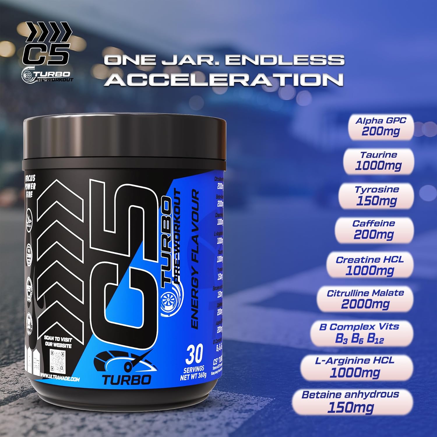 پودر پری‌ورک‌اوت C5 مدل TURBO، 360 گرم، 30 سروینگ، طعم تمشک آبی