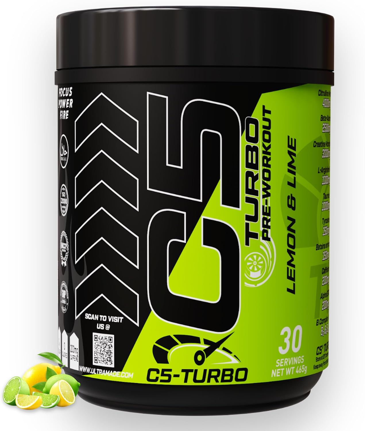 پودر پری‌ورک‌اوت C5 مدل TURBO، 360 گرم، 30 سروینگ، طعم لیمو و لیموترش