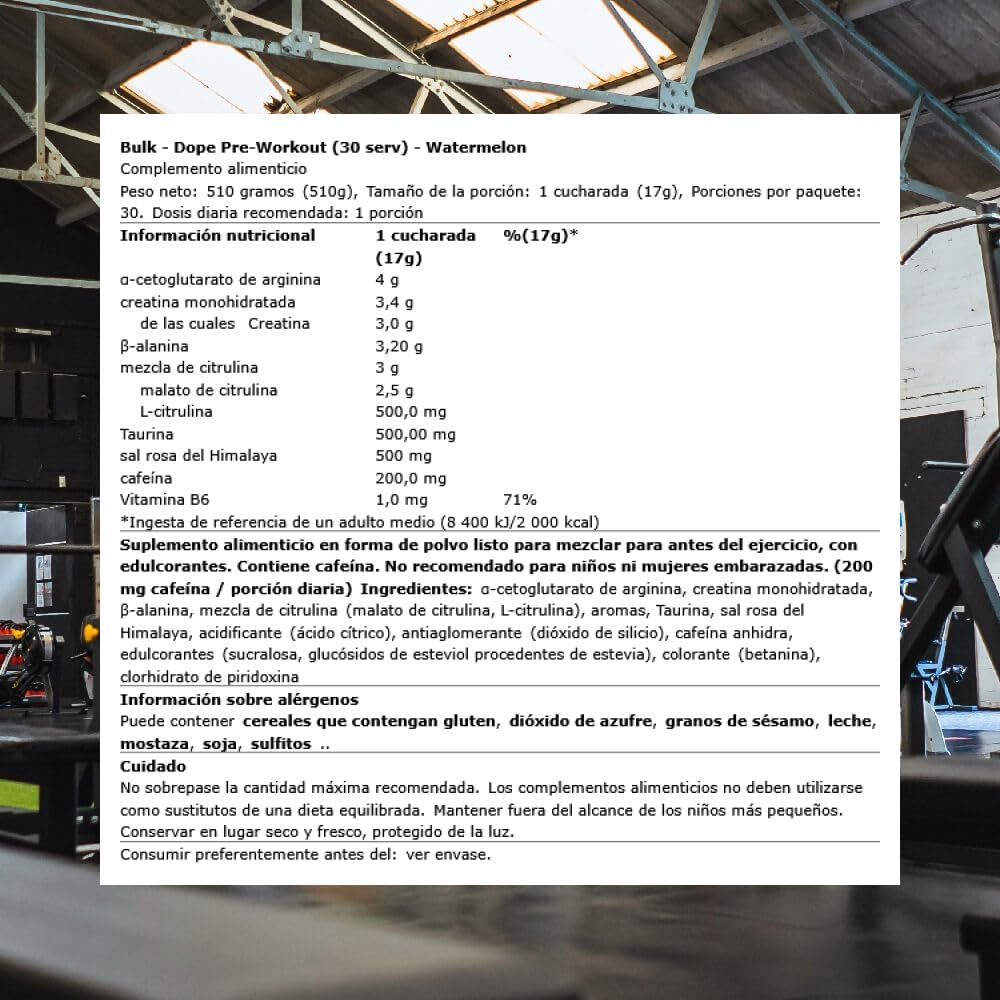 پودر پری‌ورک‌اوت BULK POWDERS مدل Bulk Dope، 510 گرم، طعم هندوانه