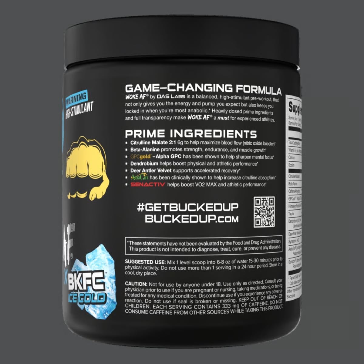 پودر پری‌ورک‌اوت باکد آپ مدل Woke AF High-Stimulant، 345 گرم، 20 سروینگ