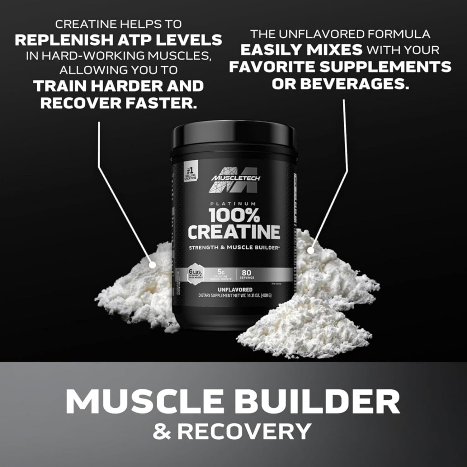 پودر کراتین مونوهیدرات Muscletech Platinum – 400 گرم، بدون طعم، میکرونیزه