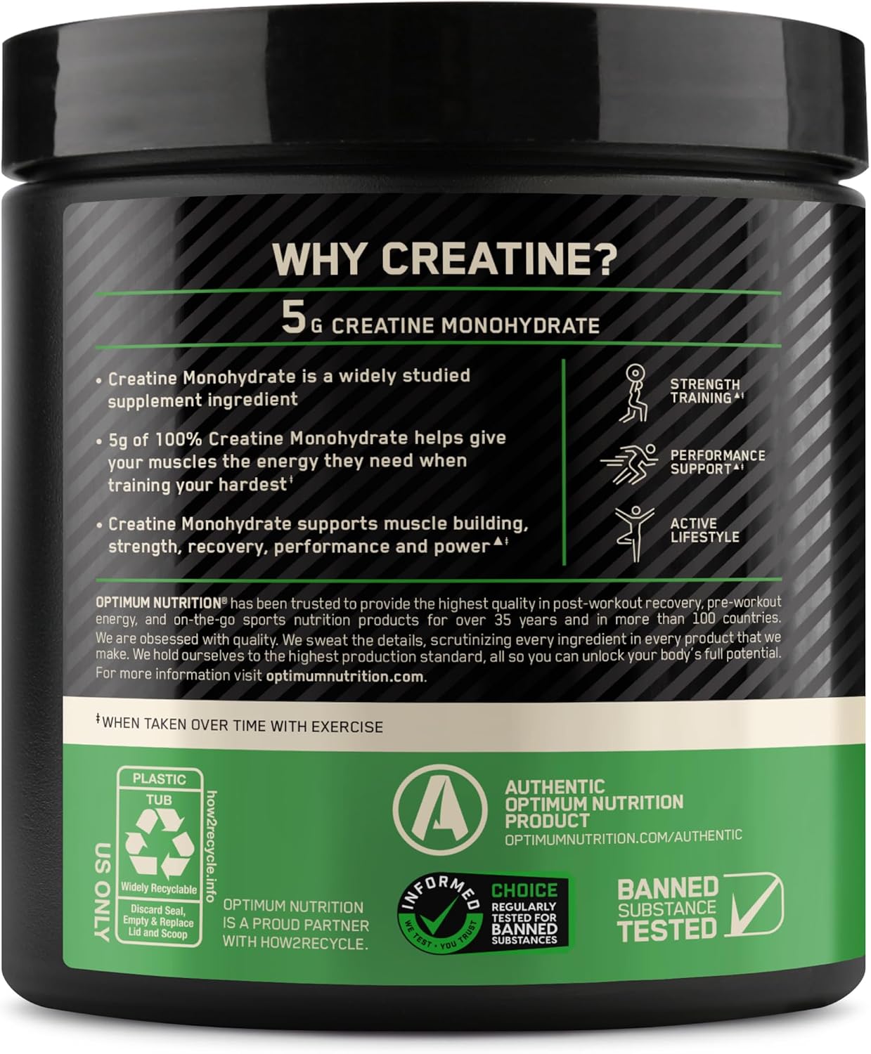 پودر کراتین مونوهیدرات Optimum Nutrition – 300 گرم، 60 وعده، بدون طعم