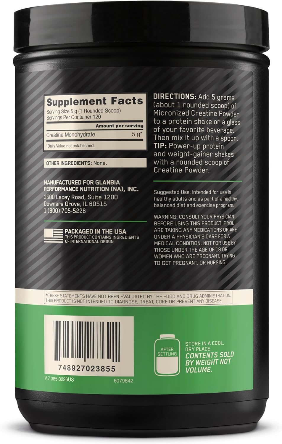 پودر کراتین مونوهیدرات Optimum Nutrition – 600 گرم، 120 وعده، بدون طعم