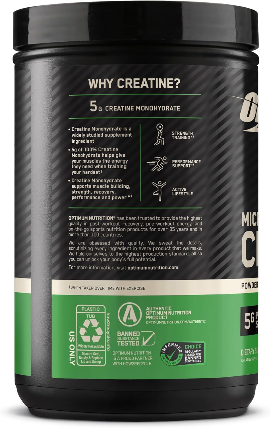 پودر کراتین مونوهیدرات Optimum Nutrition – 600 گرم، 120 وعده، بدون طعم