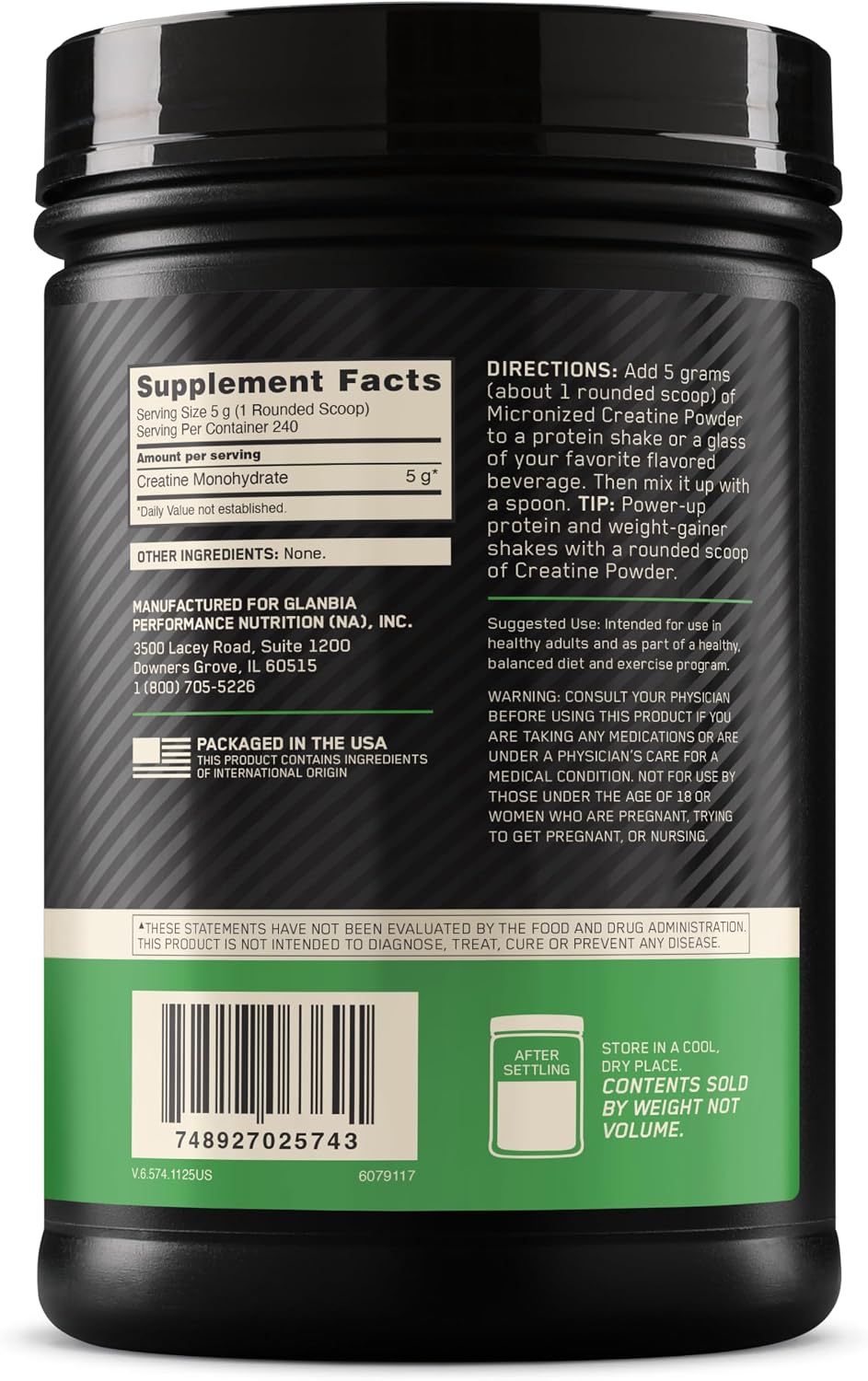 پودر کراتین مونوهیدرات Optimum Nutrition – 1200 گرم، 240 وعده، بدون طعم