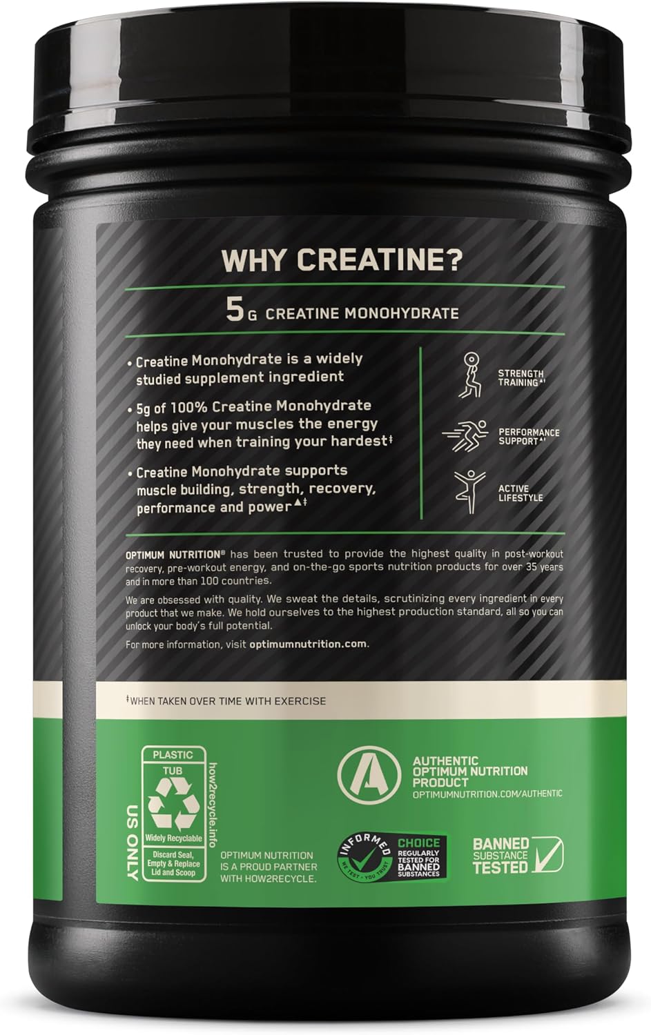 پودر کراتین مونوهیدرات Optimum Nutrition – 1200 گرم، 240 وعده، بدون طعم