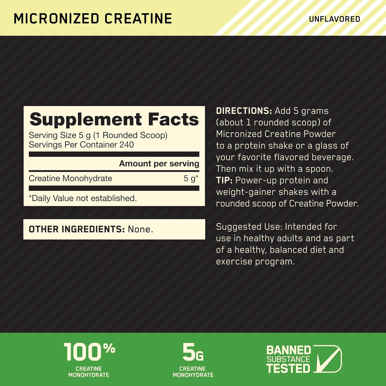 پودر کراتین مونوهیدرات Optimum Nutrition – 1200 گرم، 240 وعده، بدون طعم