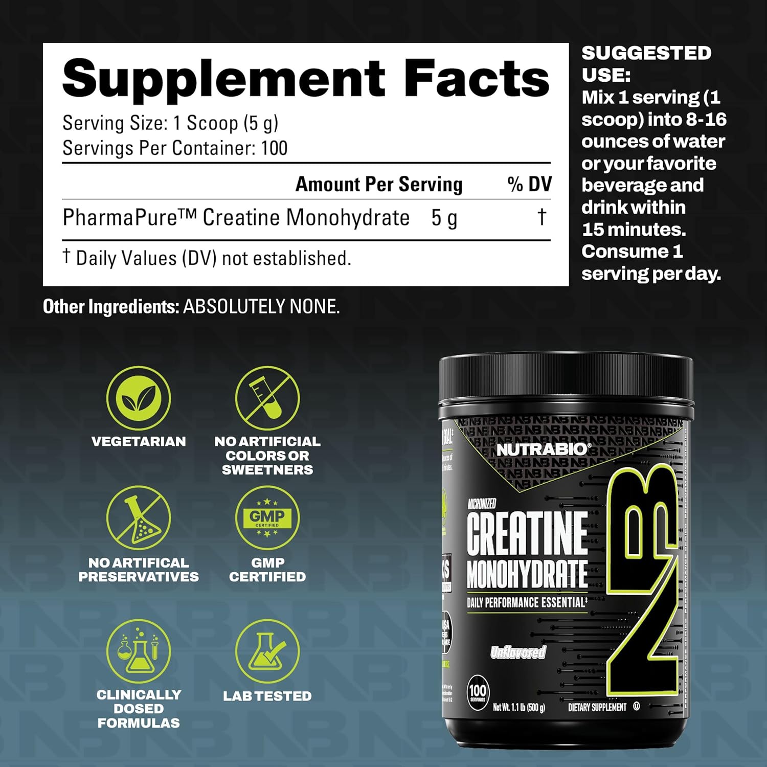 پودر کراتین مونوهیدرات NutraBio – 500 گرم، بدون طعم، میکرونیزه
