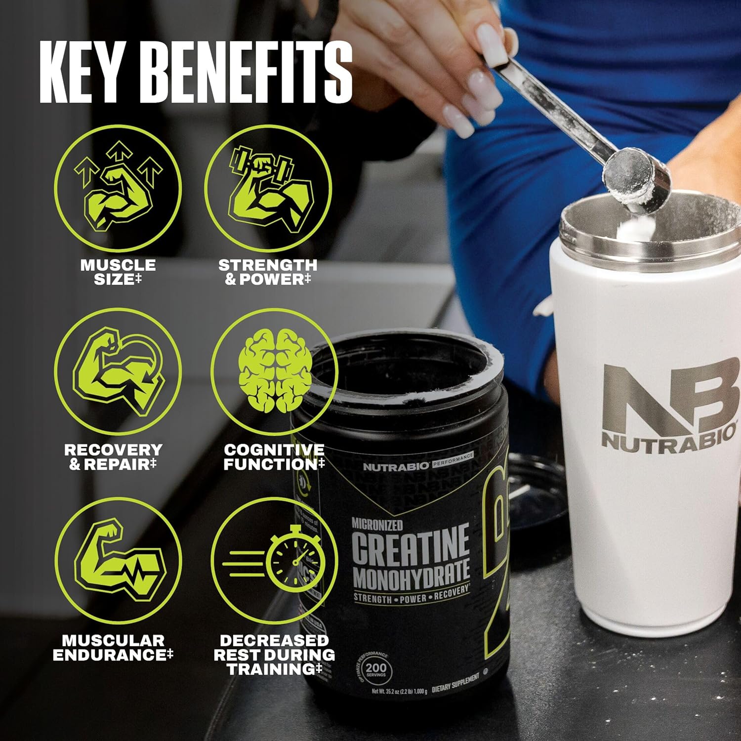 پودر کراتین مونوهیدرات NutraBio – 500 گرم، بدون طعم، میکرونیزه