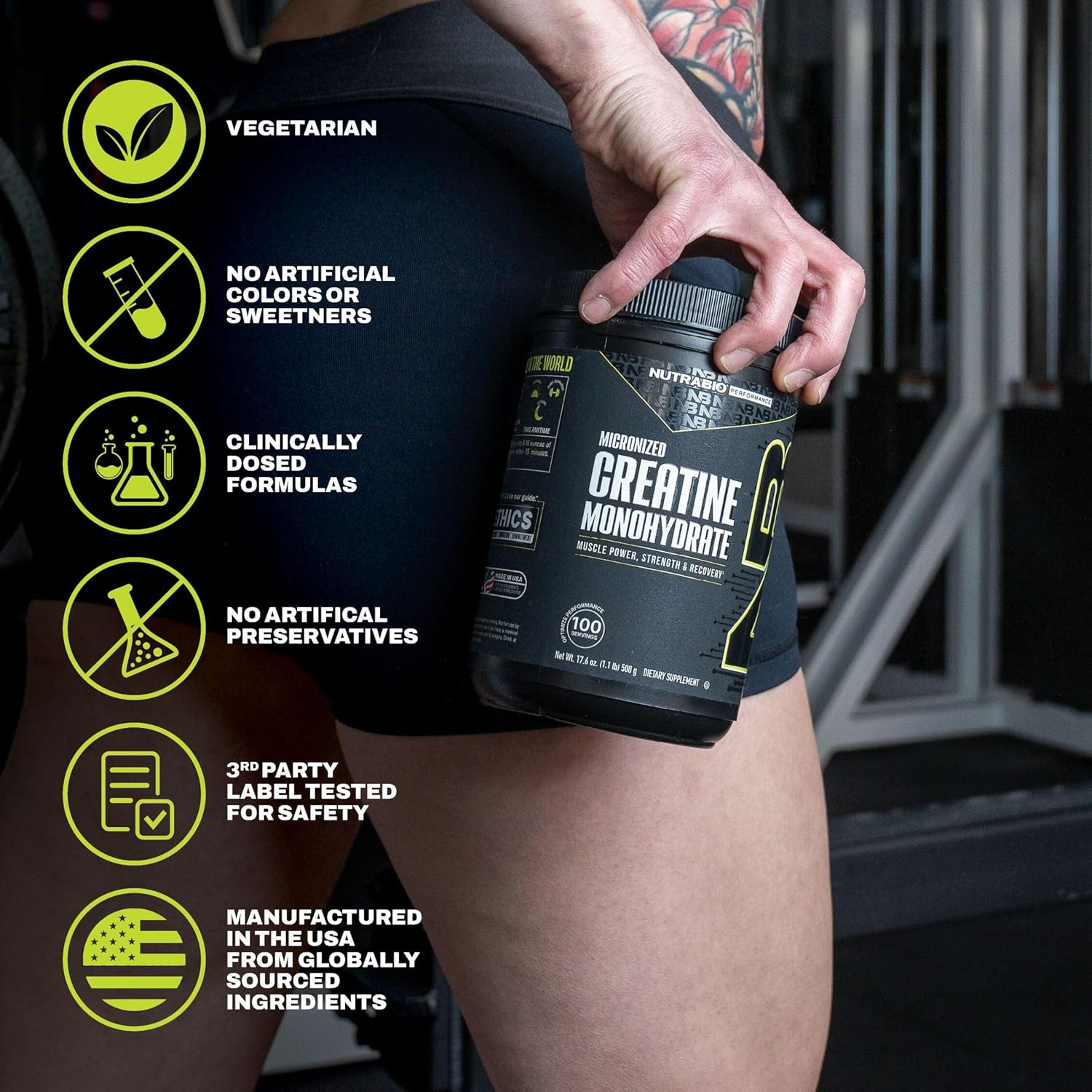 پودر کراتین مونوهیدرات NutraBio – 500 گرم، بدون طعم، میکرونیزه