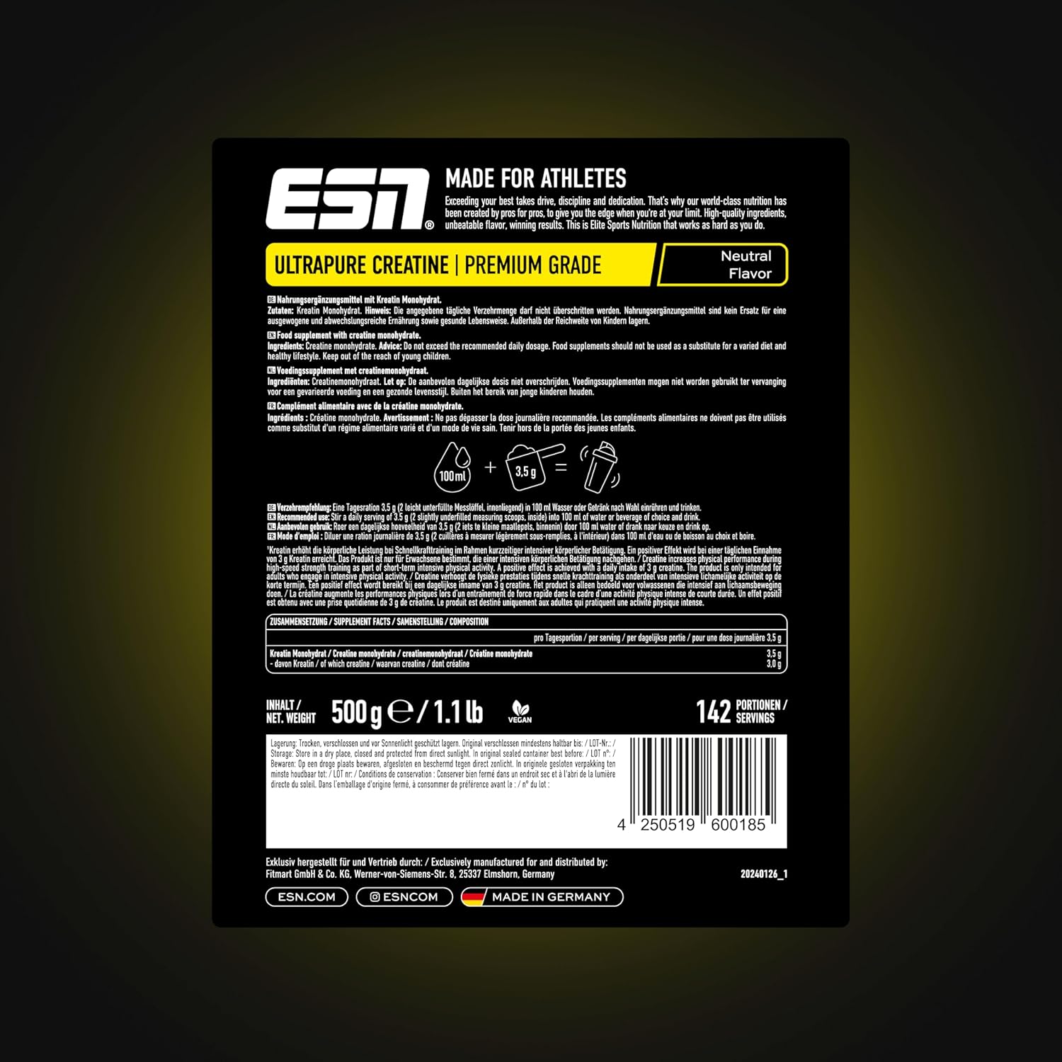 پودر کراتین مونوهیدرات ESN – 500 گرم، وگان