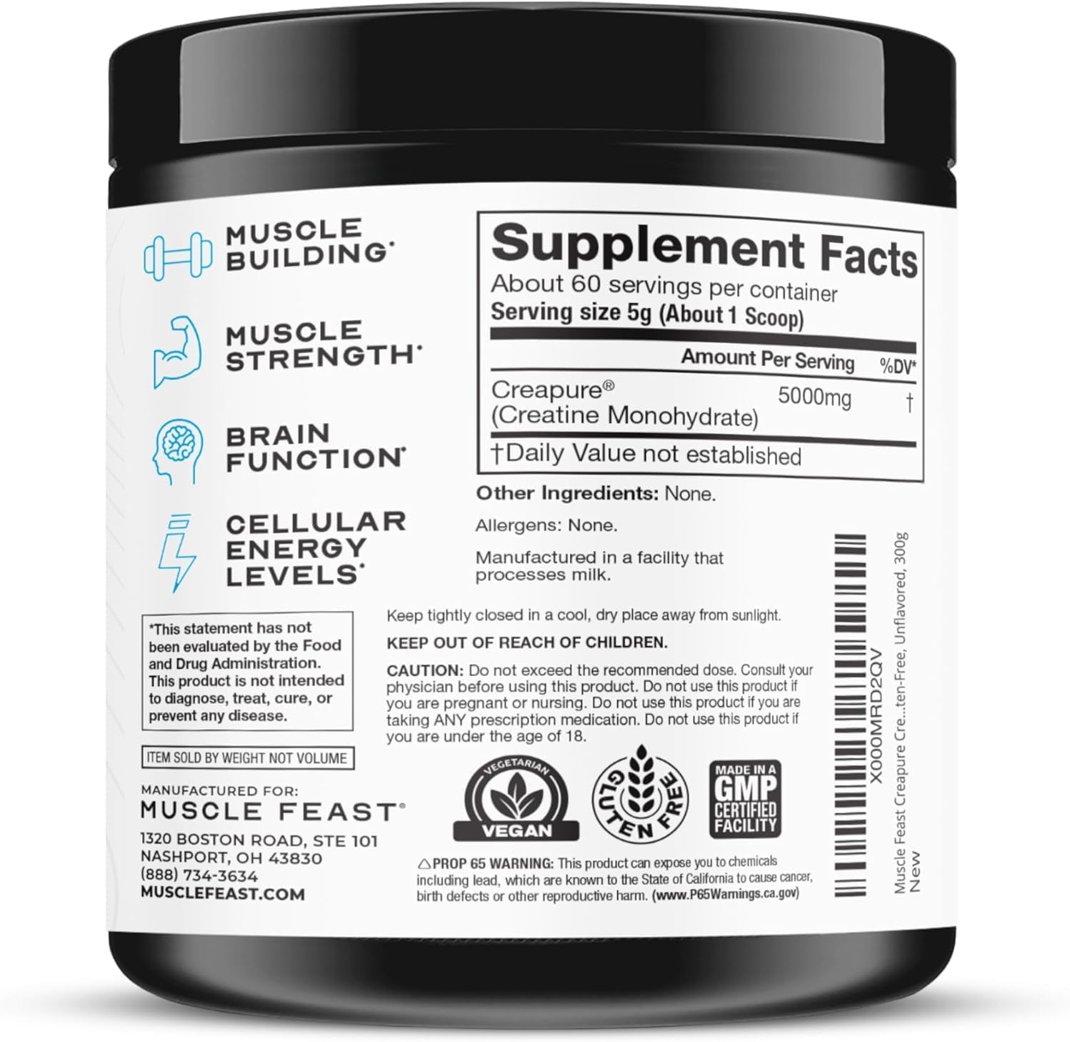 پودر گینر Muscle Feast Creapure – 300 گرم، بدون طعم، وگان