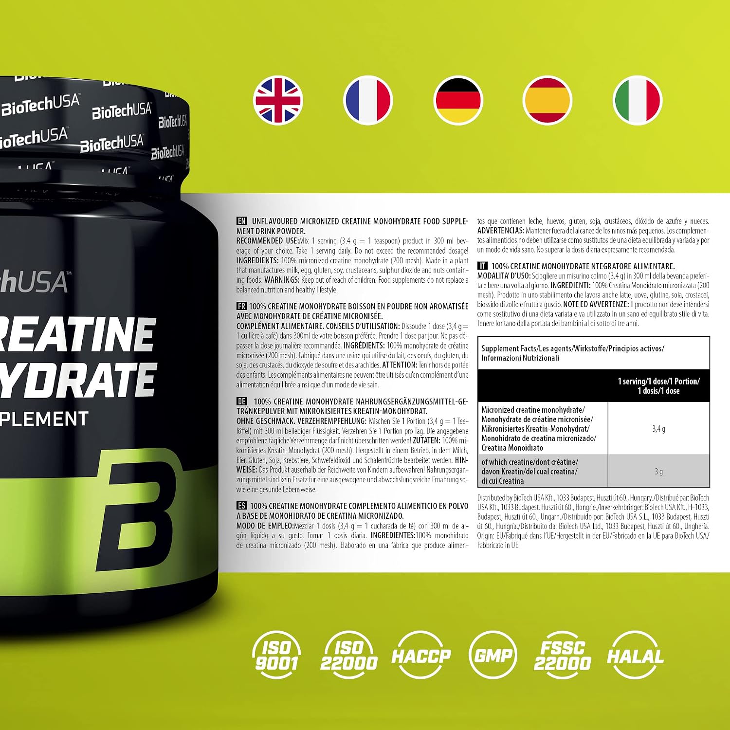 پودر کراتین مونوهیدرات BioTechUSA – 300 گرم، بدون طعم، میکرونیزه