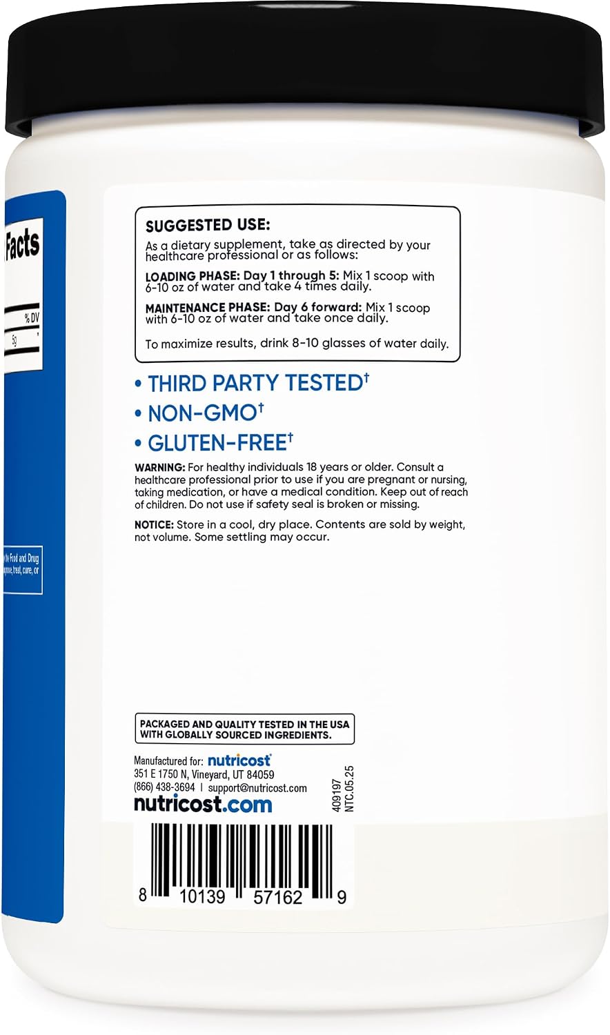 پودر کراتین مونوهیدرات Nutricost – 5 گرم، 100 وعده، میکرونیزه