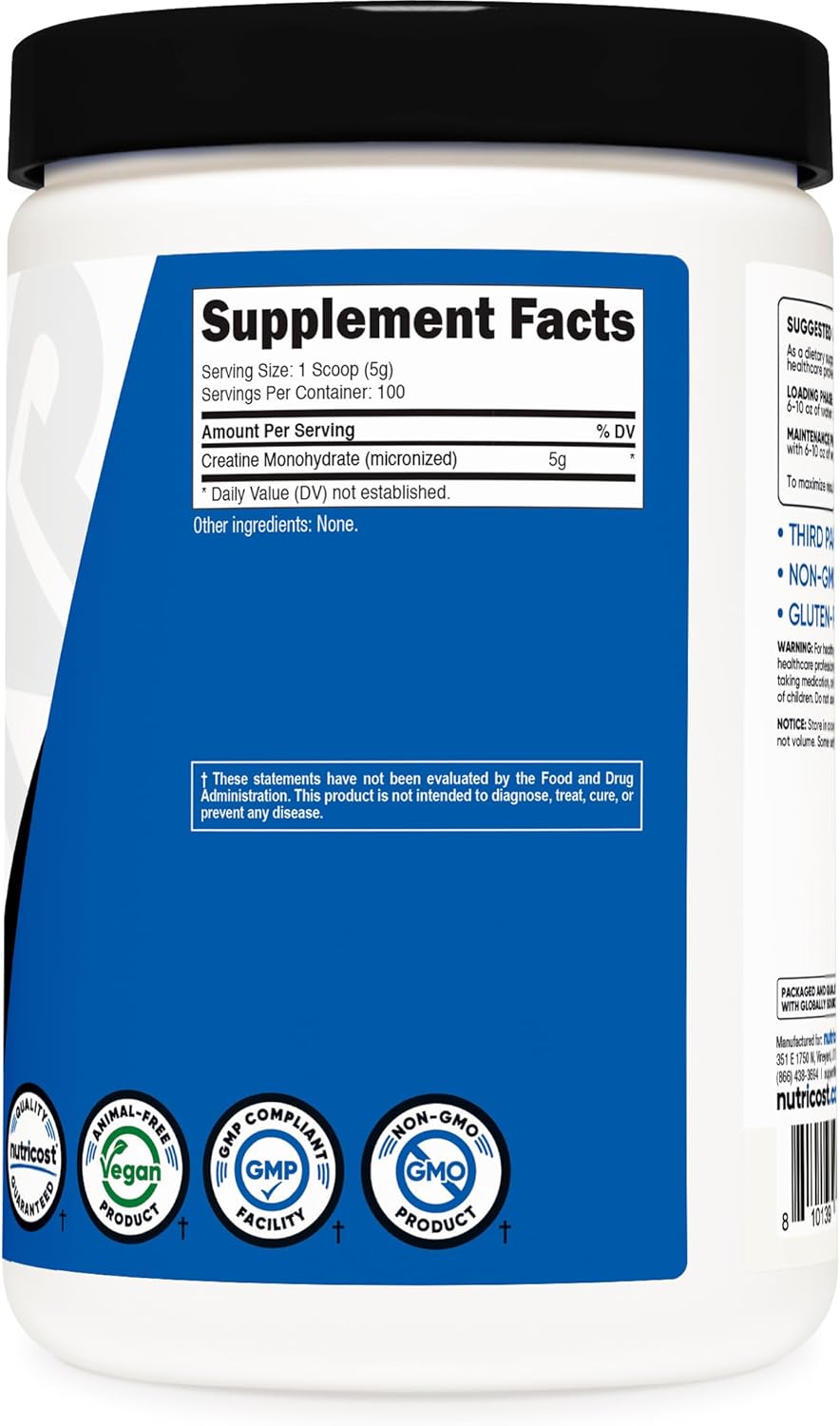 پودر کراتین مونوهیدرات Nutricost – 5 گرم، 100 وعده، میکرونیزه