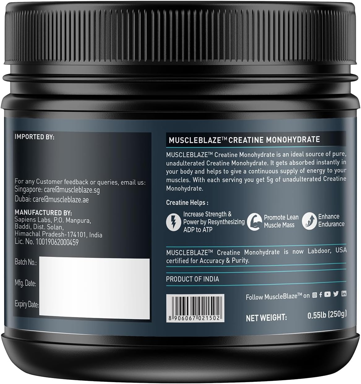 پودر کراتین مونوهیدرات MuscleBlaze – 250 گرم، 50 وعده، بدون طعم
