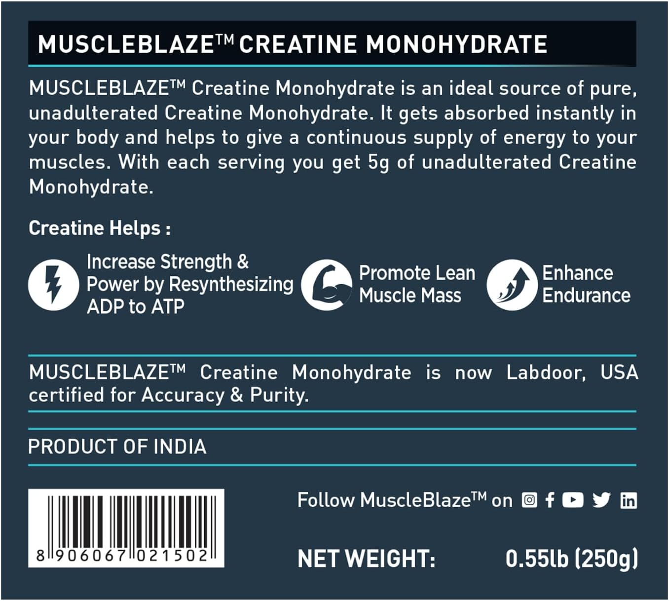 پودر کراتین مونوهیدرات MuscleBlaze – 250 گرم، 50 وعده، بدون طعم