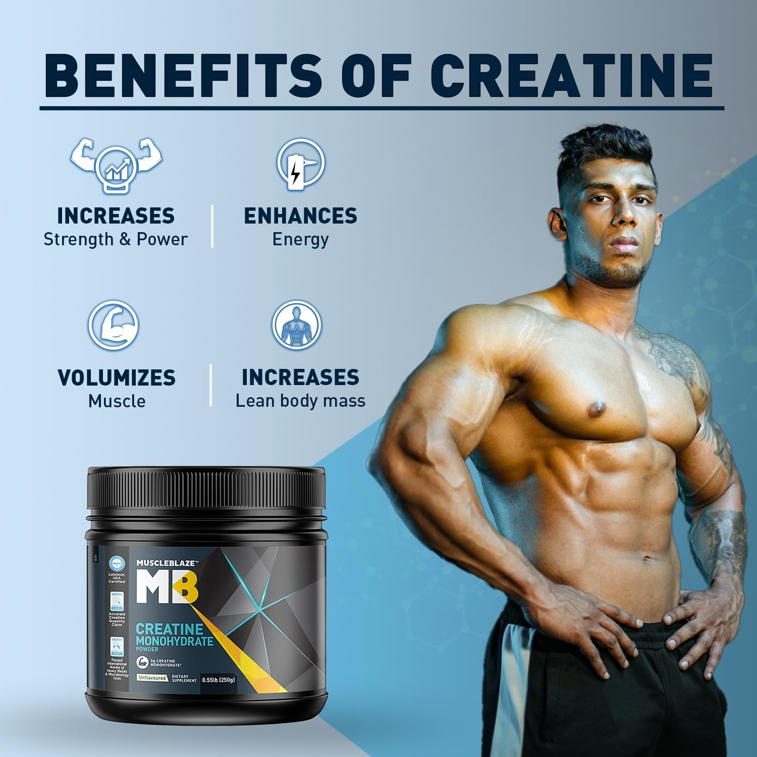 پودر کراتین مونوهیدرات MuscleBlaze – 250 گرم، 50 وعده، بدون طعم
