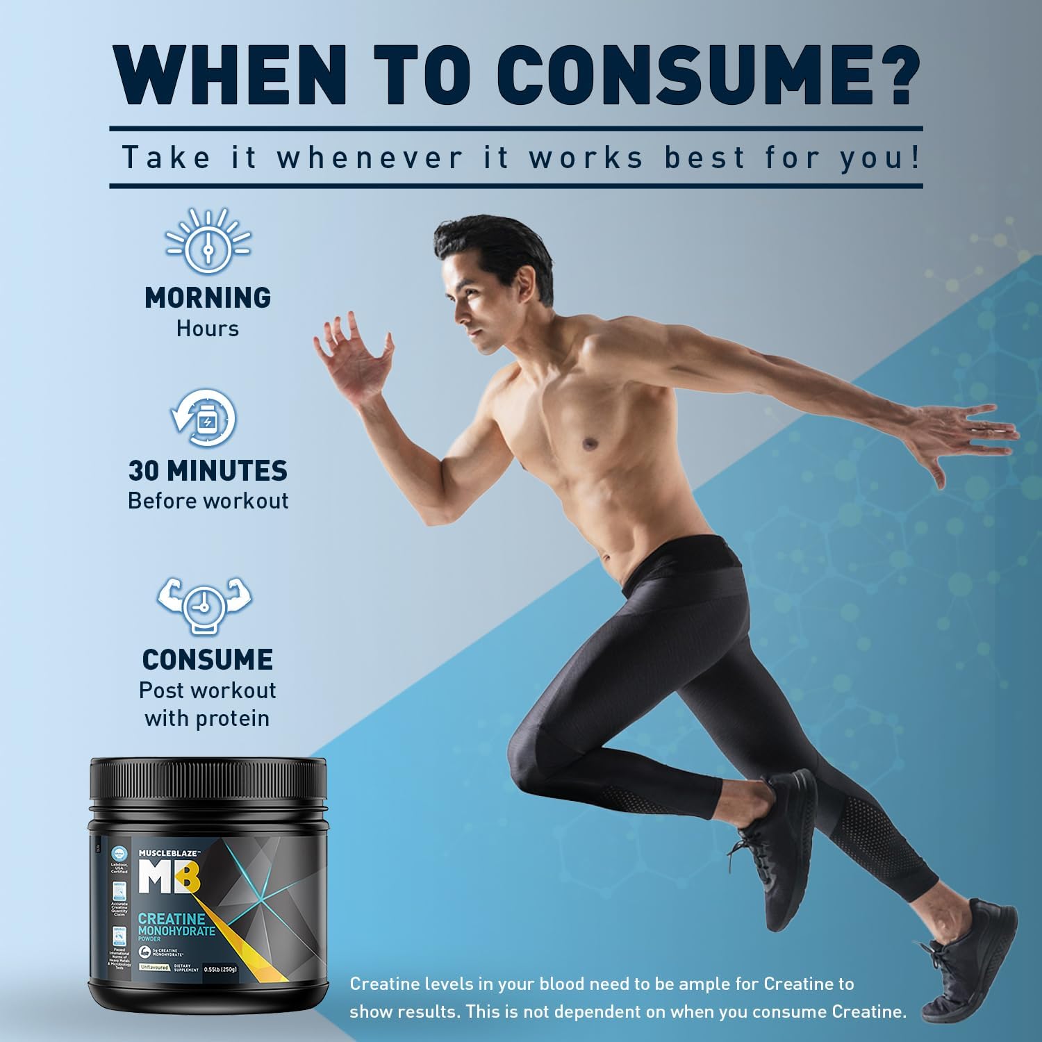 پودر کراتین مونوهیدرات MuscleBlaze – 250 گرم، 50 وعده، بدون طعم