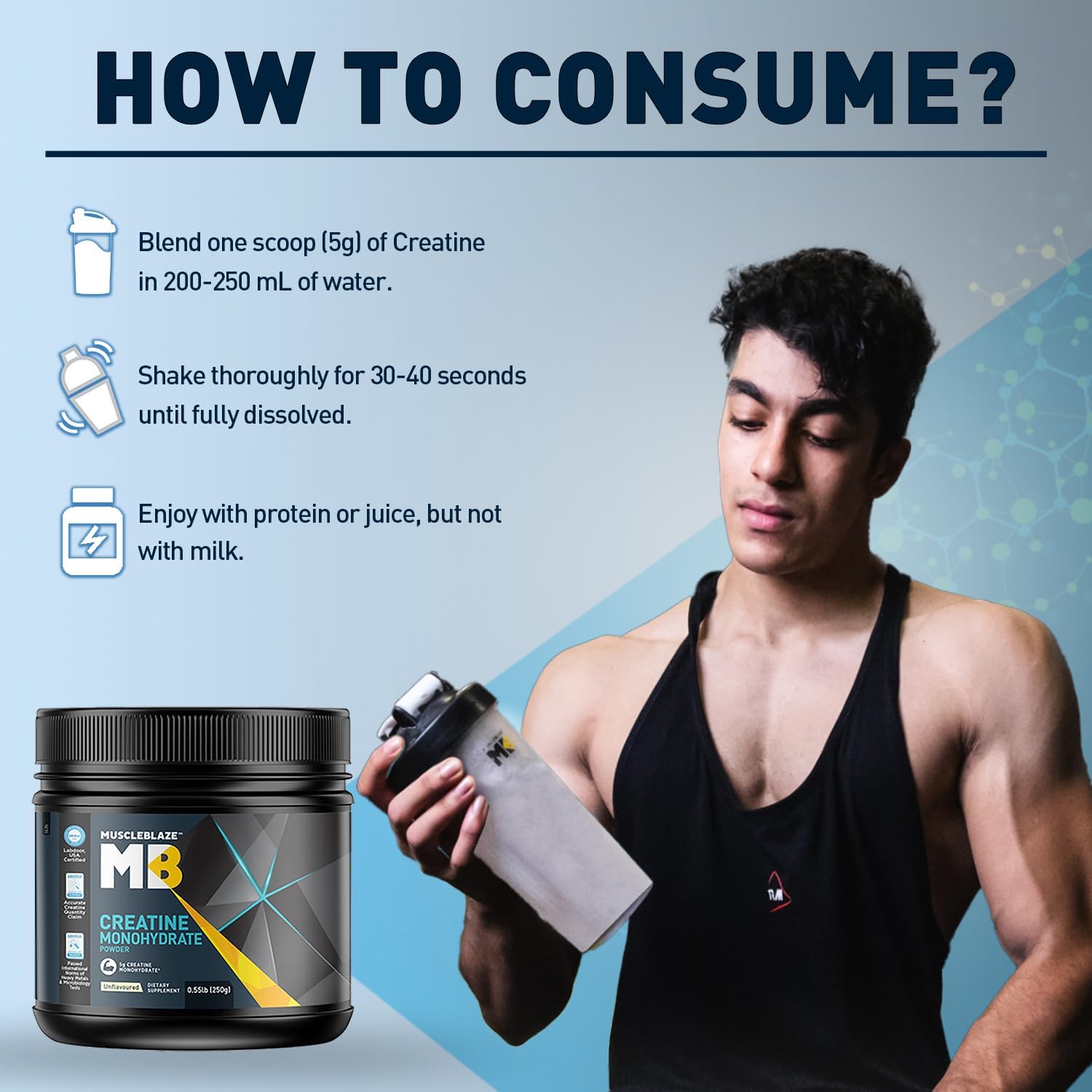 پودر کراتین مونوهیدرات MuscleBlaze – 250 گرم، 50 وعده، بدون طعم