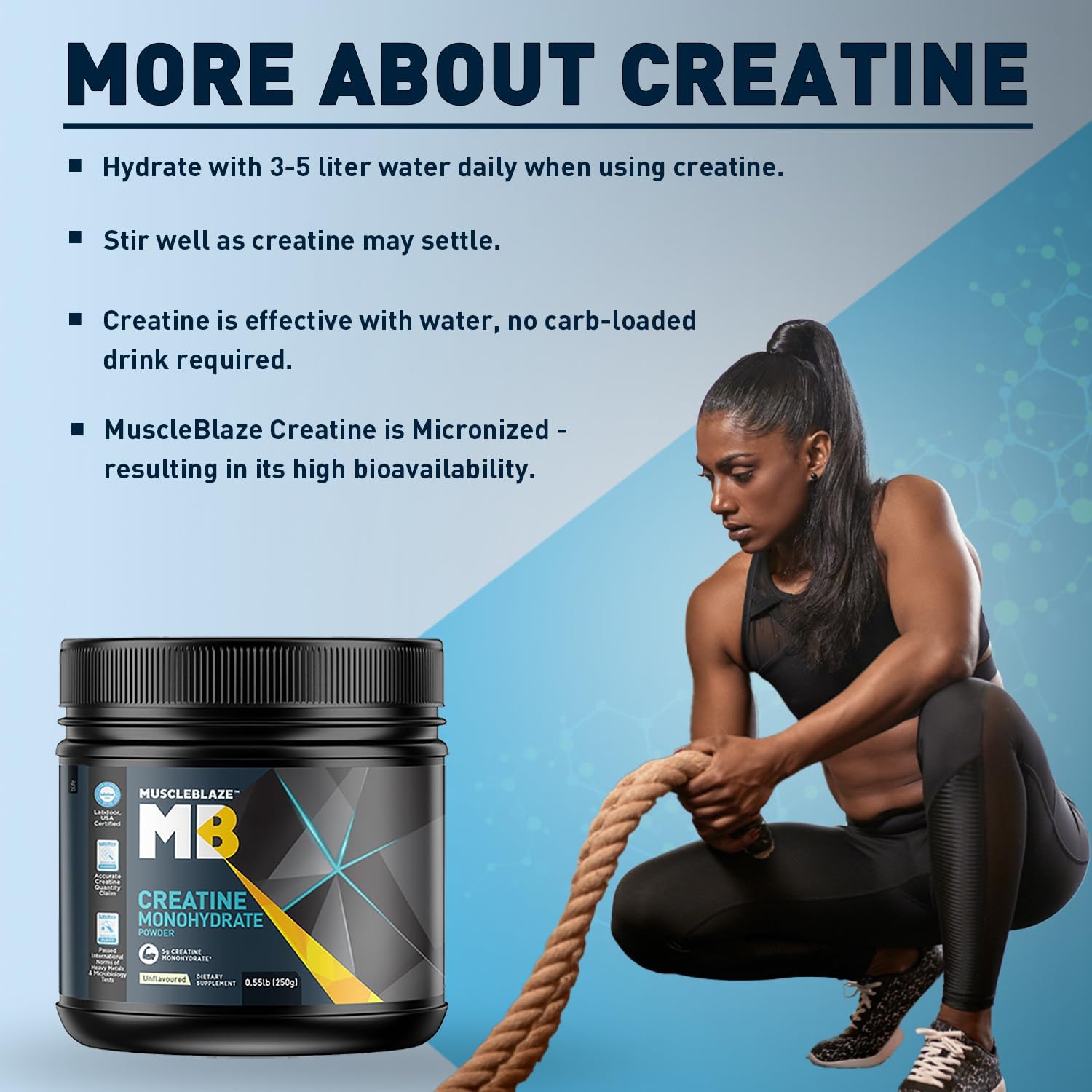 پودر کراتین مونوهیدرات MuscleBlaze – 250 گرم، 50 وعده، بدون طعم