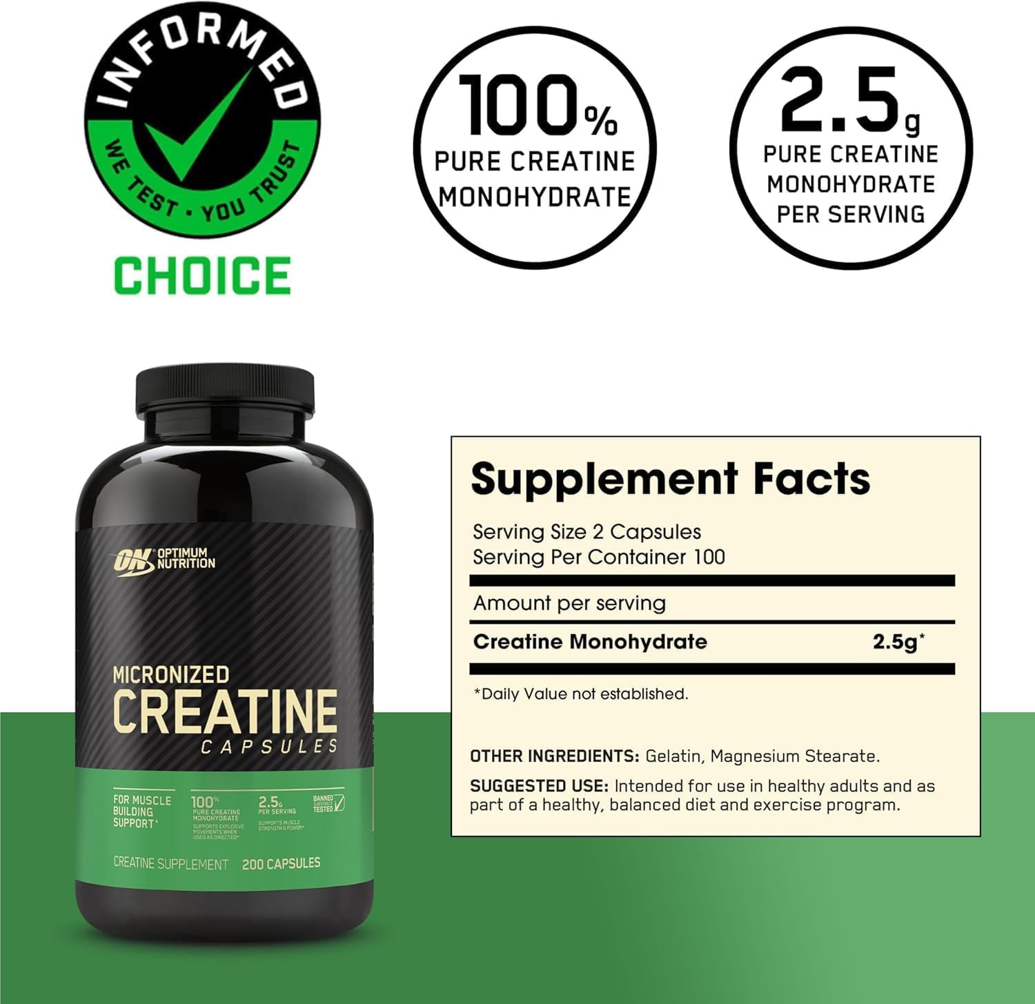 کپسول کراتین Optimum Nutrition Creatine 2500 – 2.5 گرم، 2500 کپسول