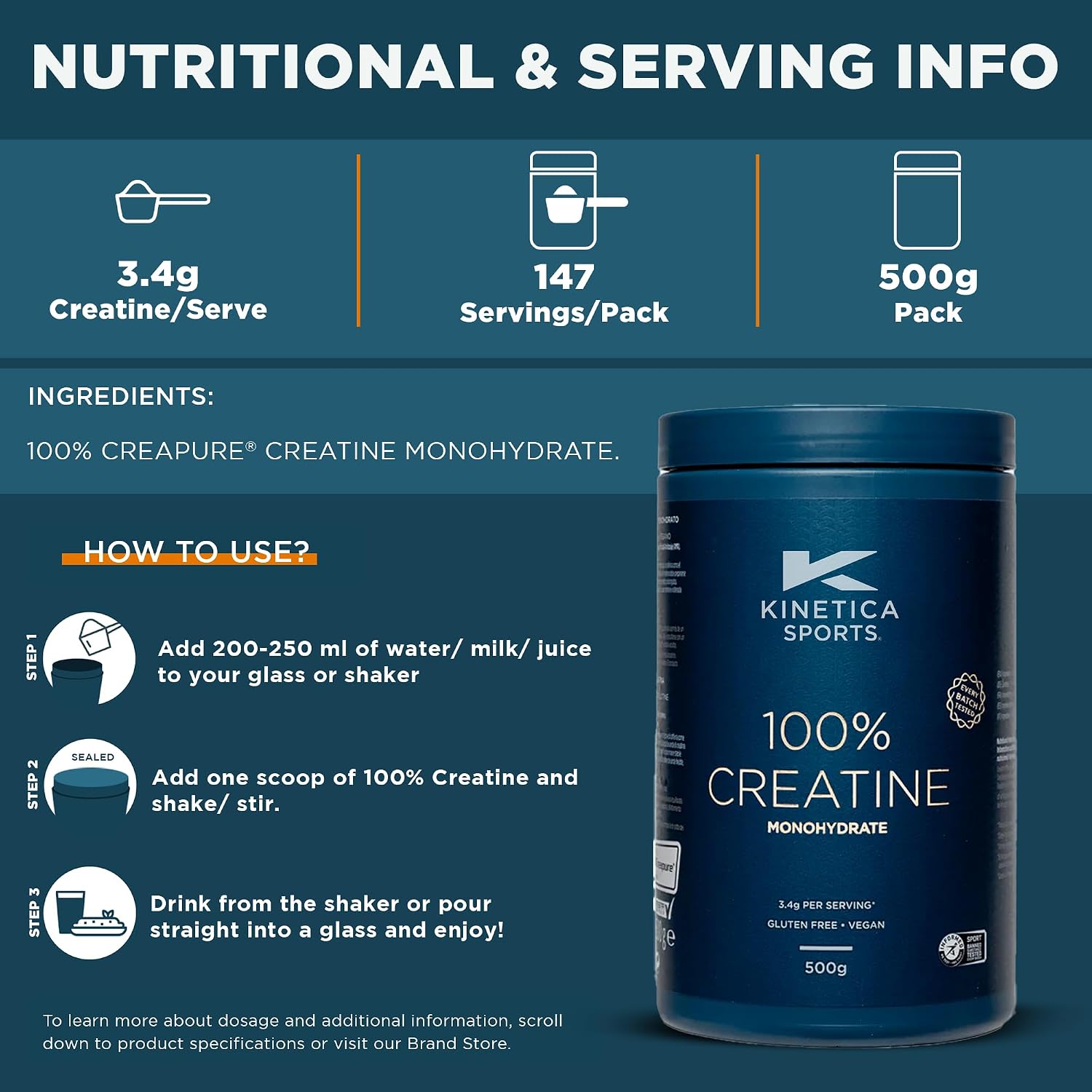 پودر کراتین مونوهیدرات Kinetica Creapure – 500 گرم، 147 وعده، بدون طعم