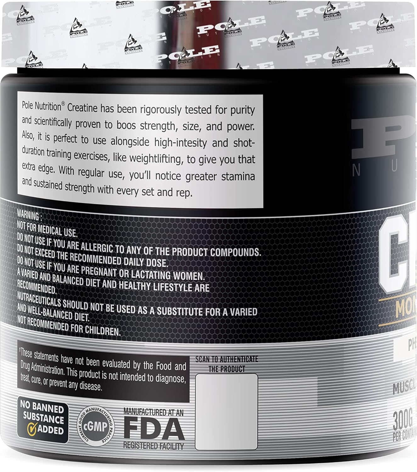 پودر کراتین مونوهیدرات Pole Nutrition – 300 گرم، بدون طعم، میکرونیزه