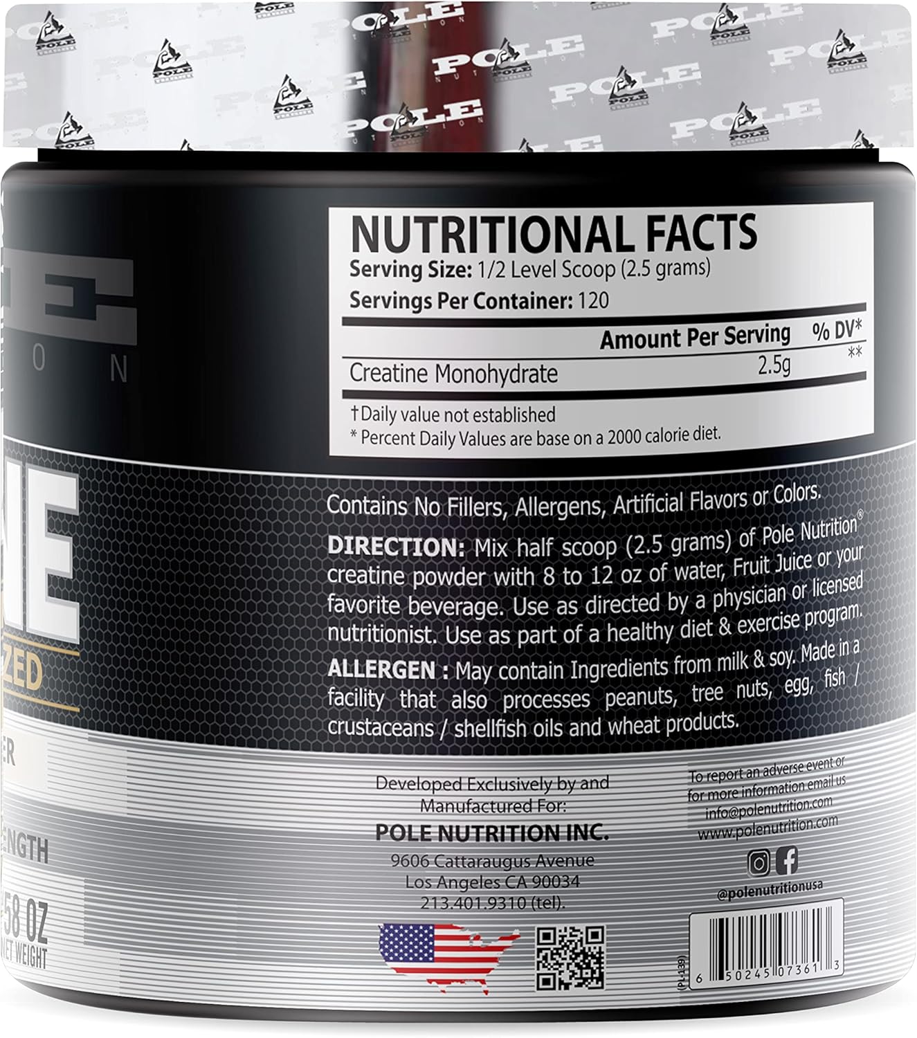 پودر کراتین مونوهیدرات Pole Nutrition – 300 گرم، بدون طعم، میکرونیزه