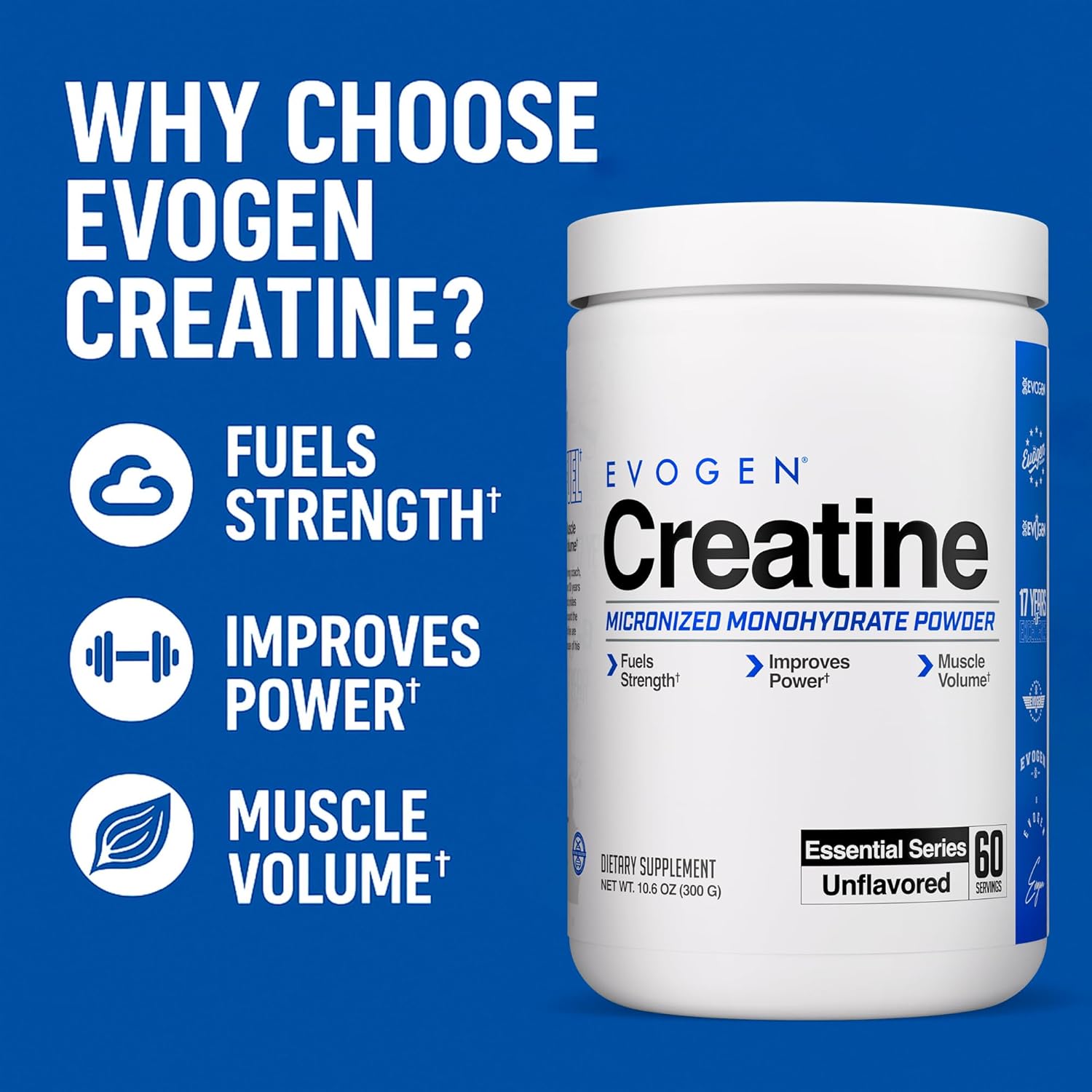 پودر کراتین مونوهیدرات Evogen – 60 وعده، بدون طعم، میکرونیزه
