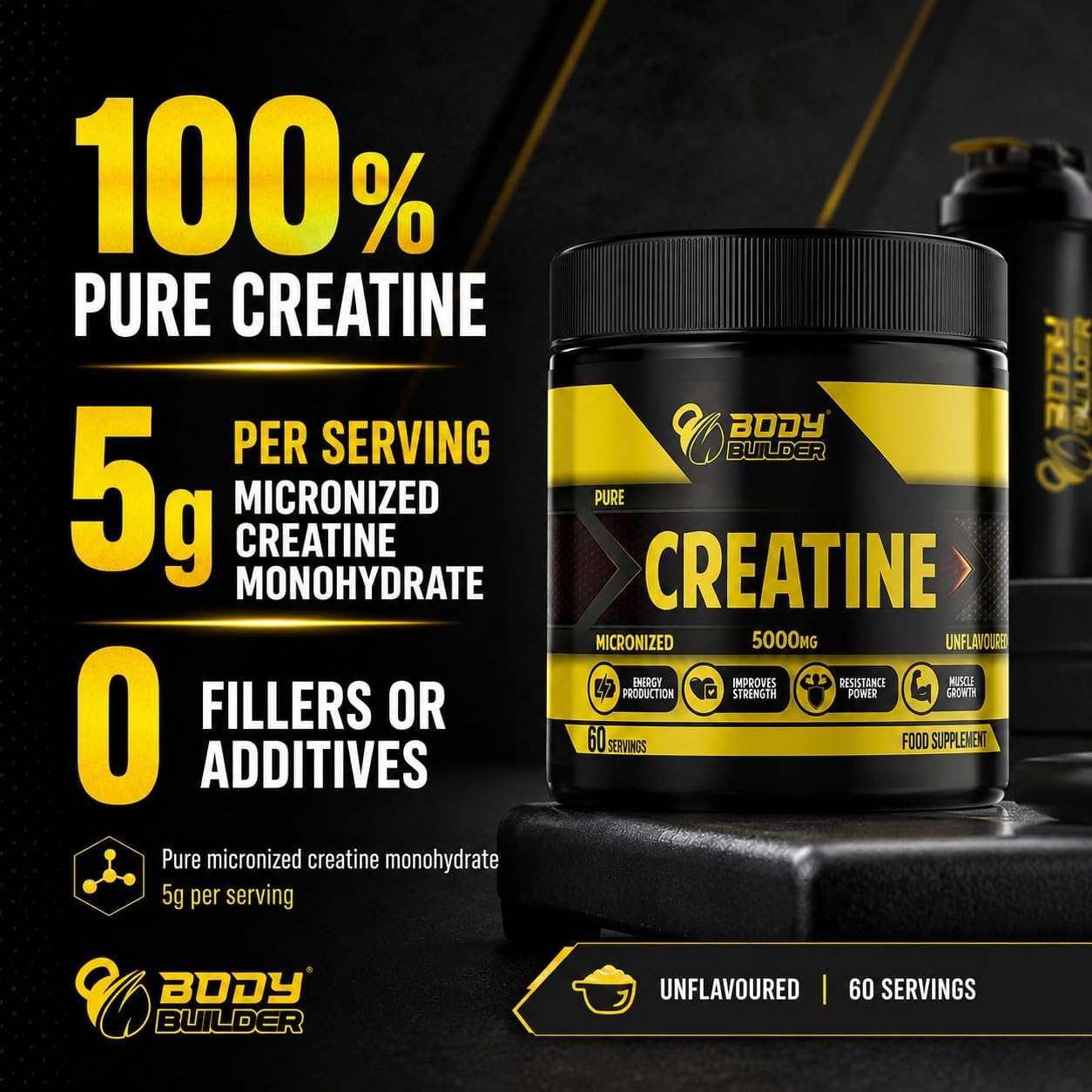 پودر کراتین مونوهیدرات Body Builder – 60 وعده، بدون طعم، میکرونیزه