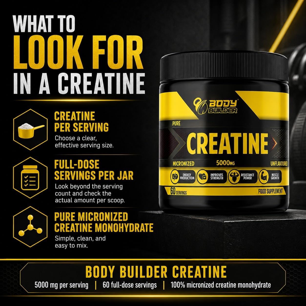 پودر کراتین مونوهیدرات Body Builder – 60 وعده، بدون طعم، میکرونیزه