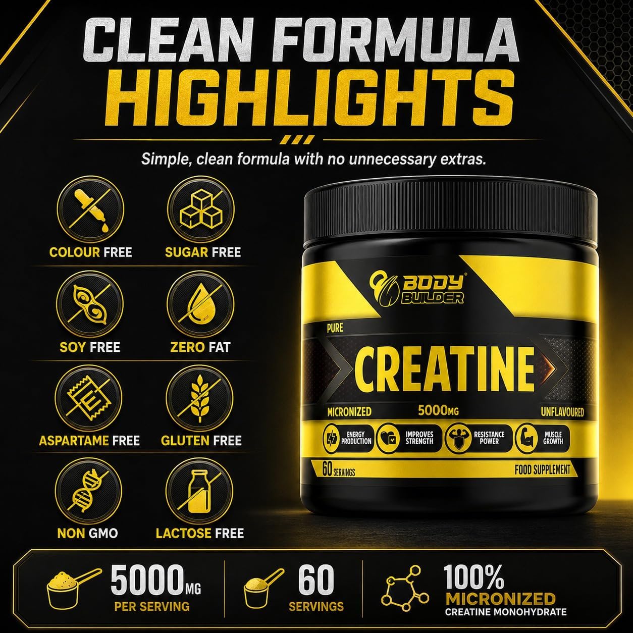 پودر کراتین مونوهیدرات Body Builder – 60 وعده، بدون طعم، میکرونیزه