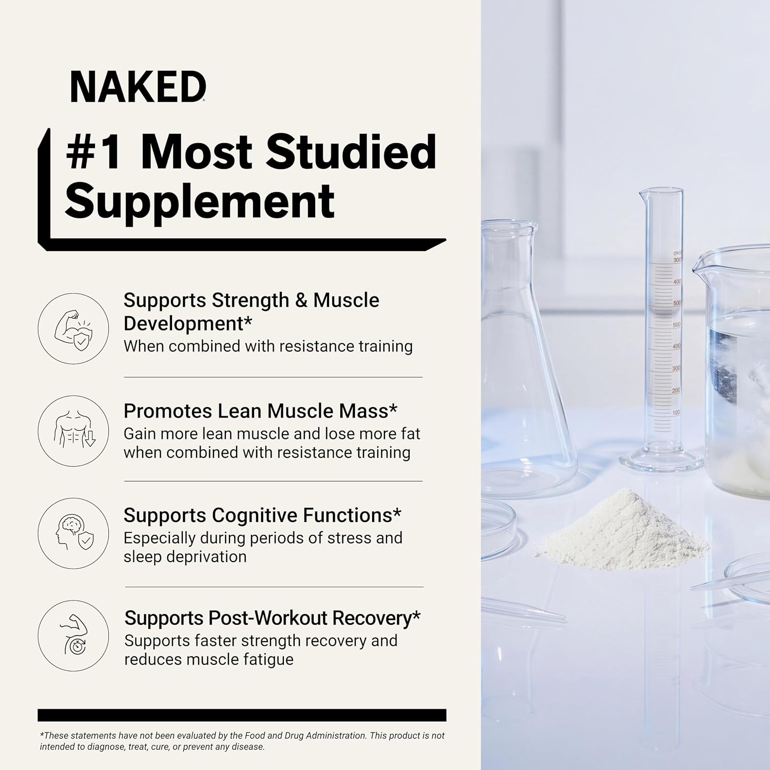 پودر کراتین مونوهیدرات NAKED – 500 گرم، 100 وعده، میکرونیزه