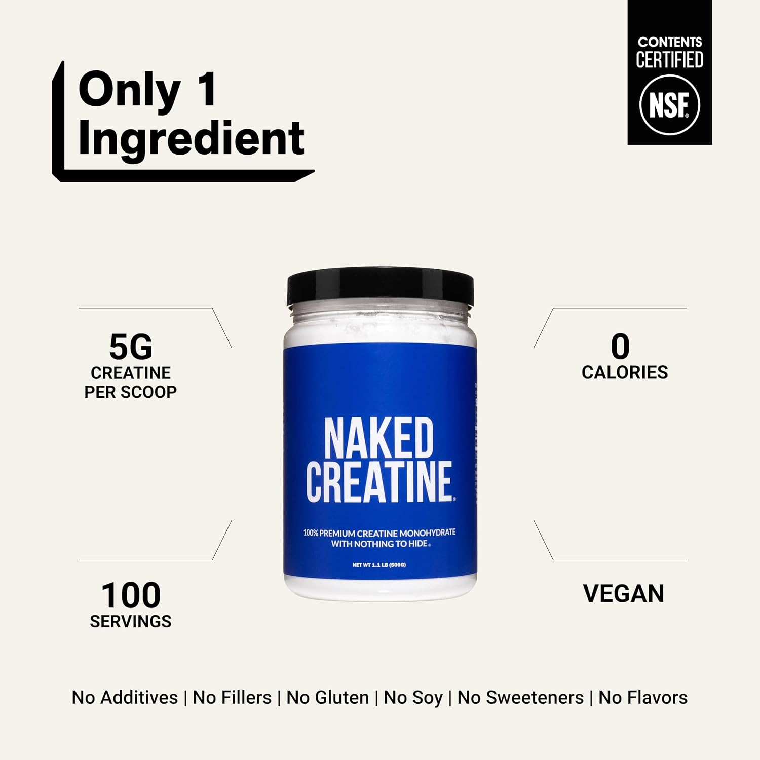 پودر کراتین مونوهیدرات NAKED – 500 گرم، 100 وعده، میکرونیزه