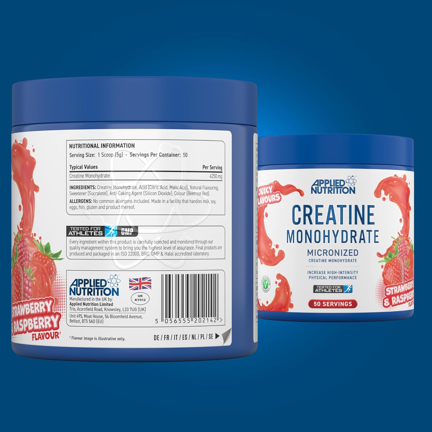 پودر کراتین مونوهیدرات Applied Nutrition – 250 گرم، 50 وعده، طعم توت‌فرنگی