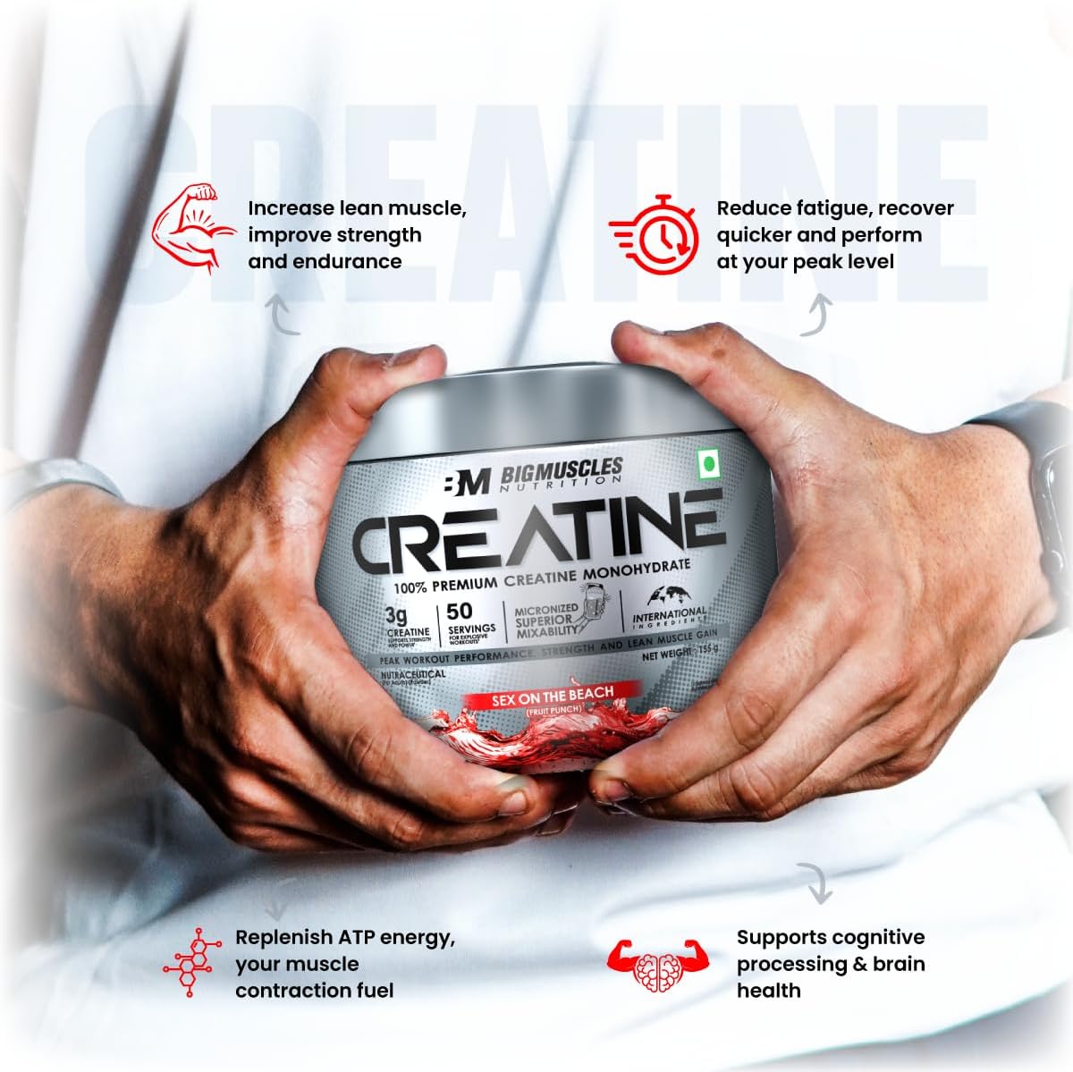 پودر کراتین مونوهیدرات Bigmuscles Nutrition – 150 گرم، 50 وعده، طعم سکس آن د بیچ