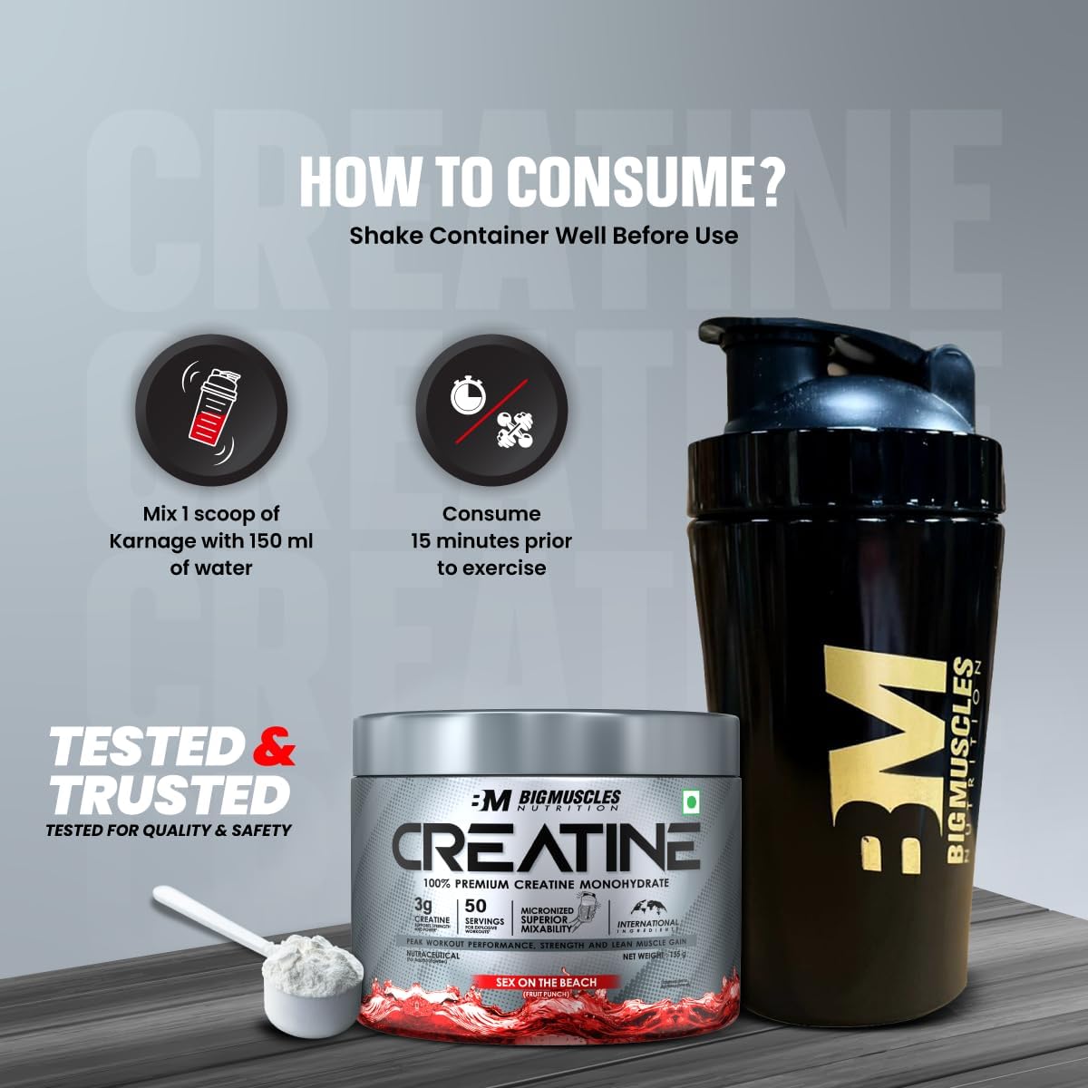 پودر کراتین مونوهیدرات Bigmuscles Nutrition – 150 گرم، 50 وعده، طعم سکس آن د بیچ