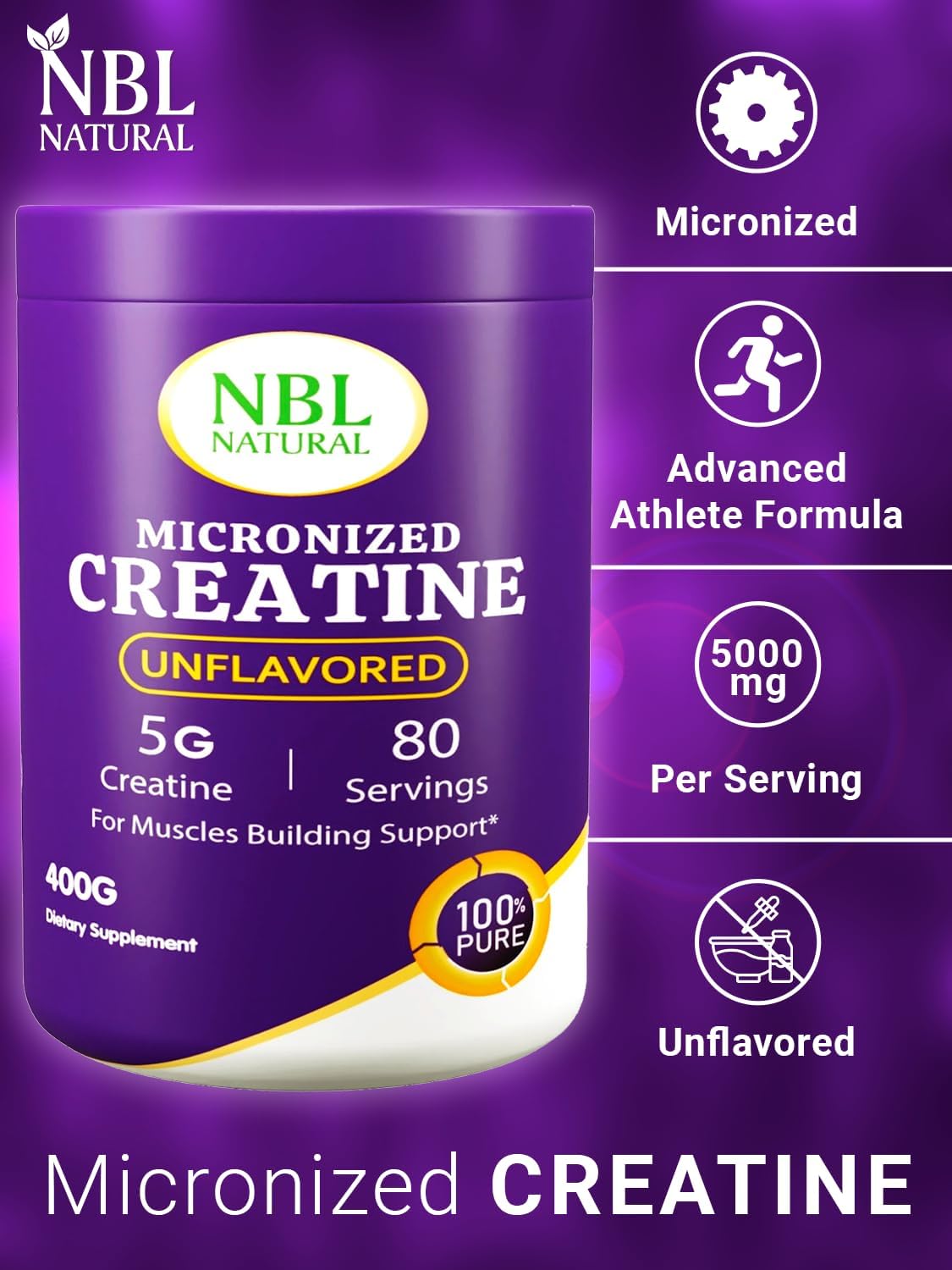پودر کراتین مونوهیدرات NBL NATURAL – 400 گرم، 80 وعده، بدون طعم