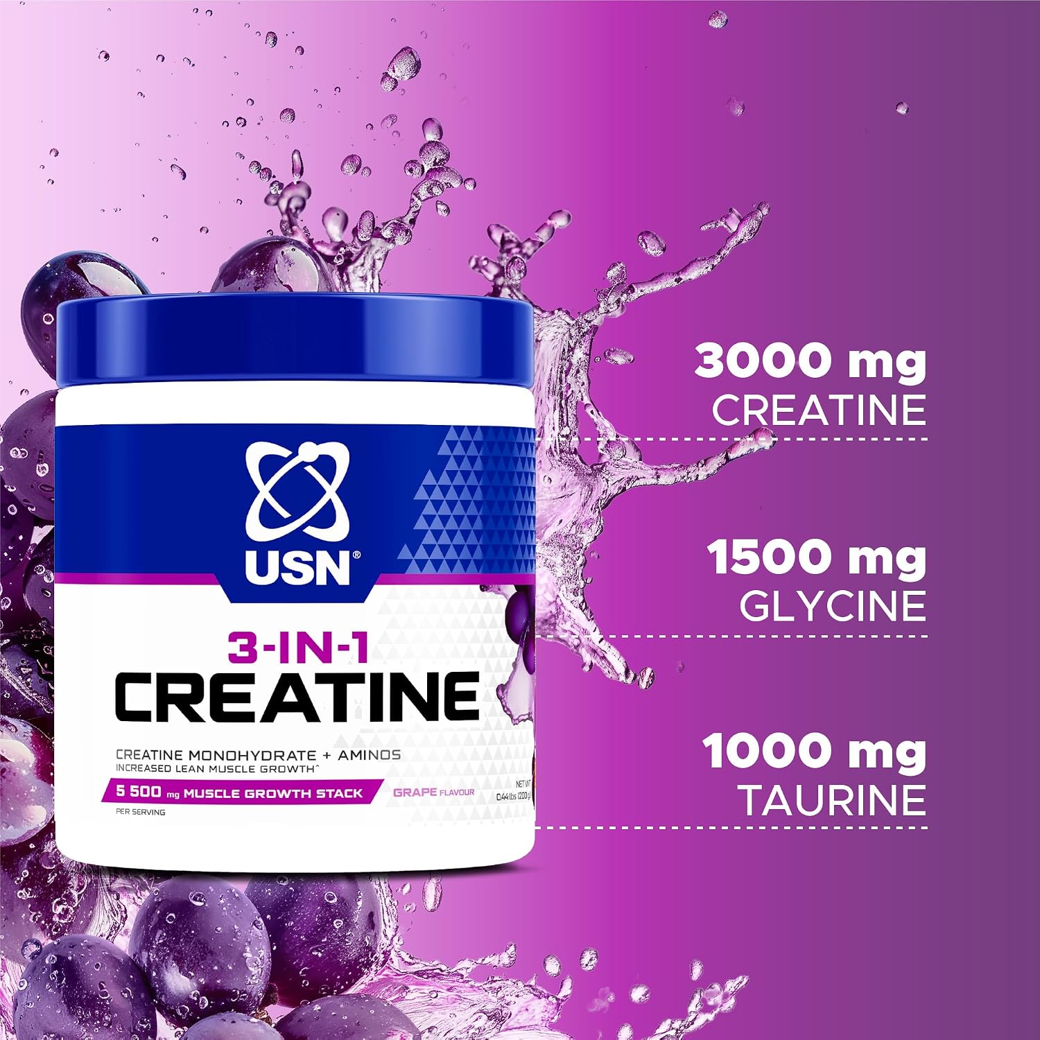 پودر کراتین مونوهیدرات USN – 200 گرم، طعم انگور، میکرونیزه