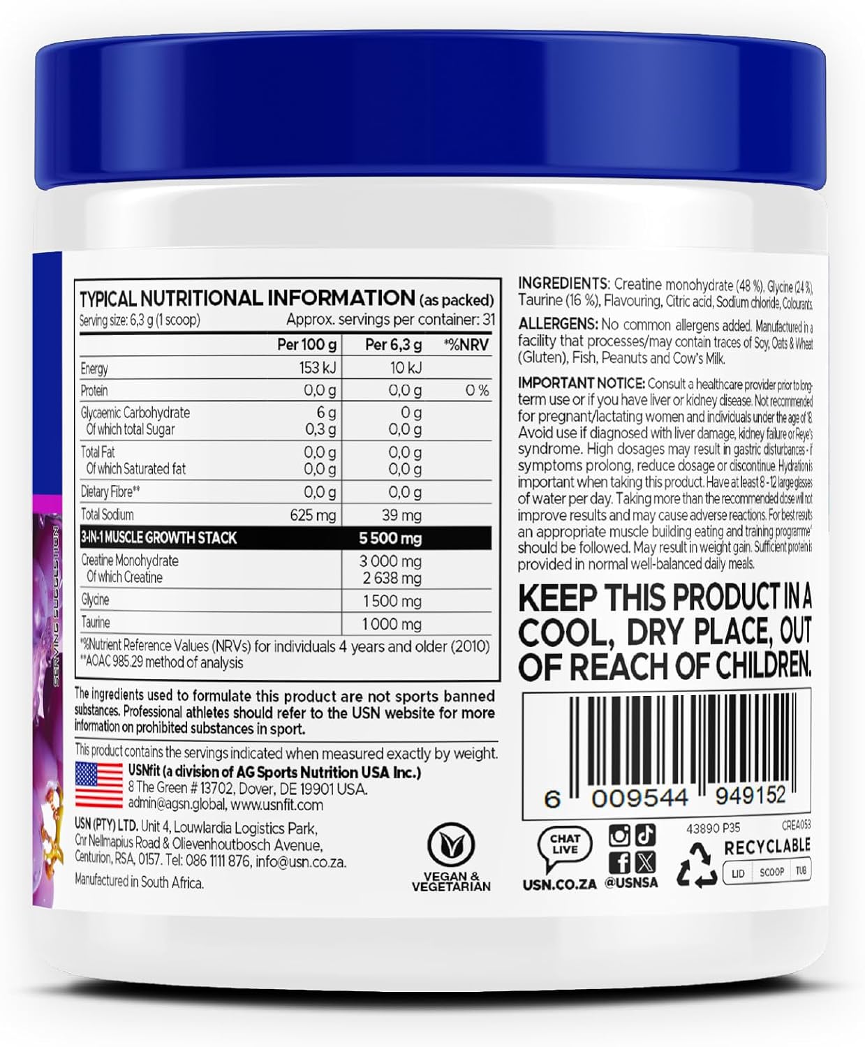 پودر کراتین مونوهیدرات USN – 200 گرم، طعم انگور، میکرونیزه