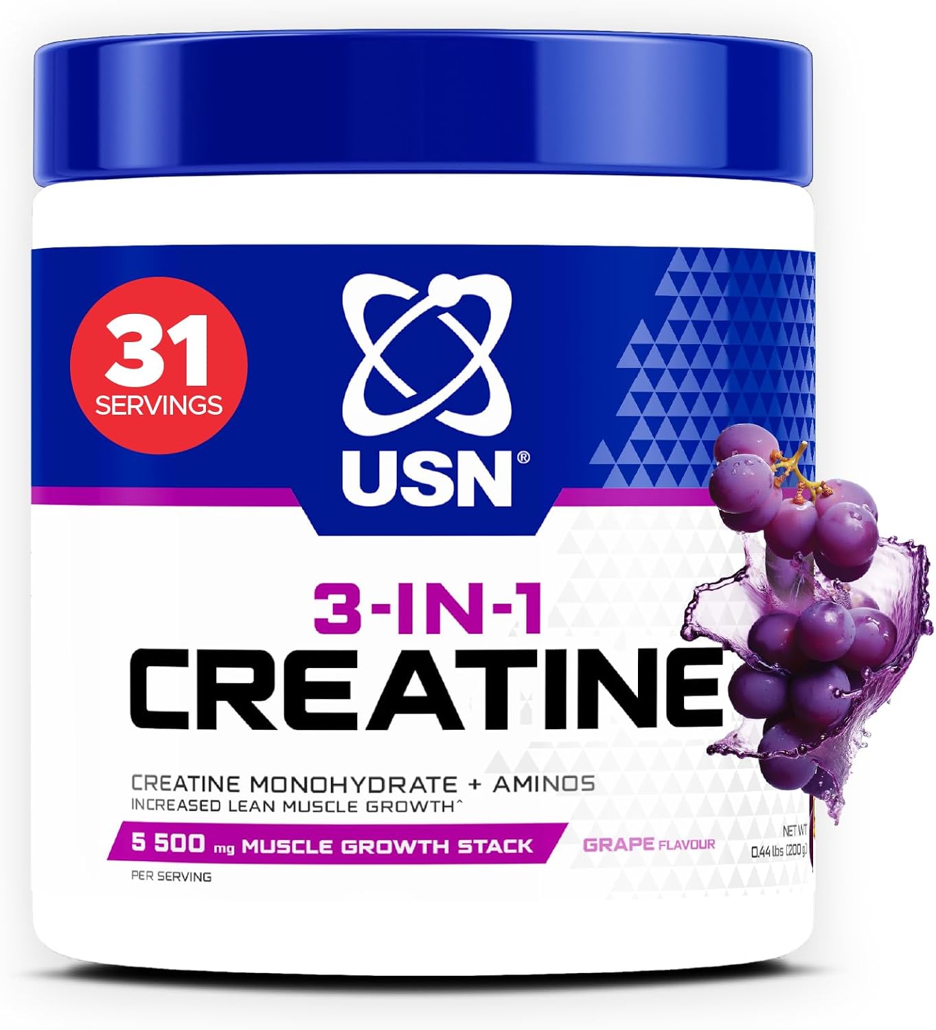 پودر کراتین مونوهیدرات USN – 200 گرم، طعم انگور، میکرونیزه