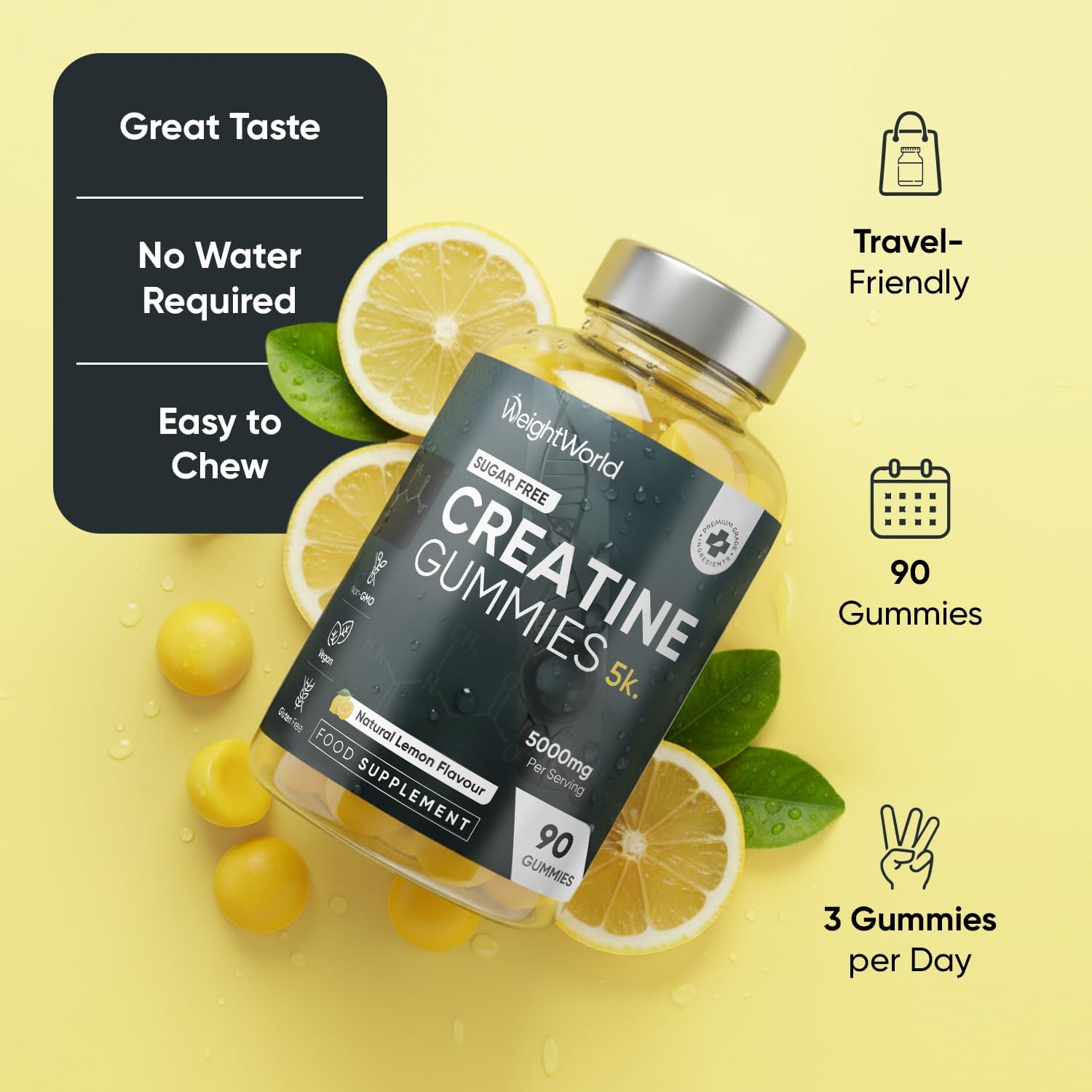 پاستیل کراتین مونوهیدرات WeightWorld – 90 پاستیل، طعم لیمو، وگان