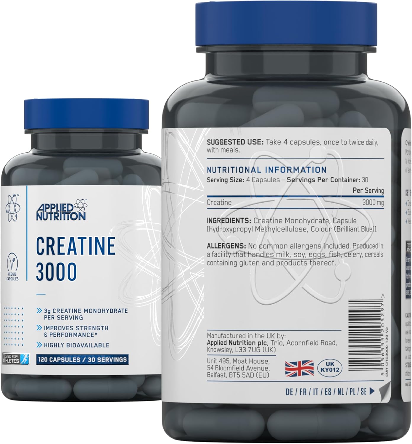 کپسول کراتین مونوهیدرات Applied Nutrition – 120 کپسول، میکرونیزه