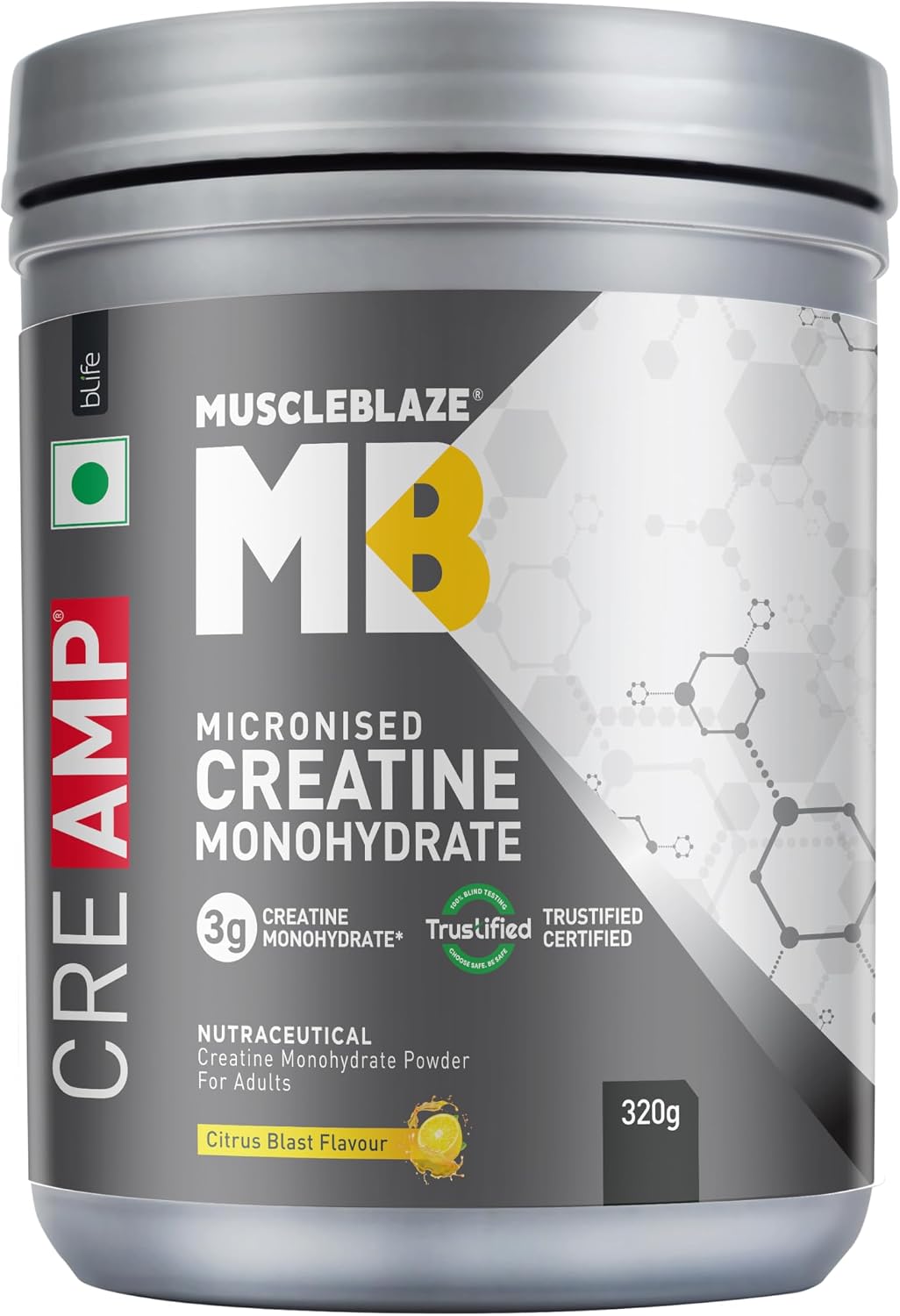 پودر کراتین مونوهیدرات MuscleBlaze CreAMP CreAbsorb – 250 گرم، 62 وعده، طعم مرکبات