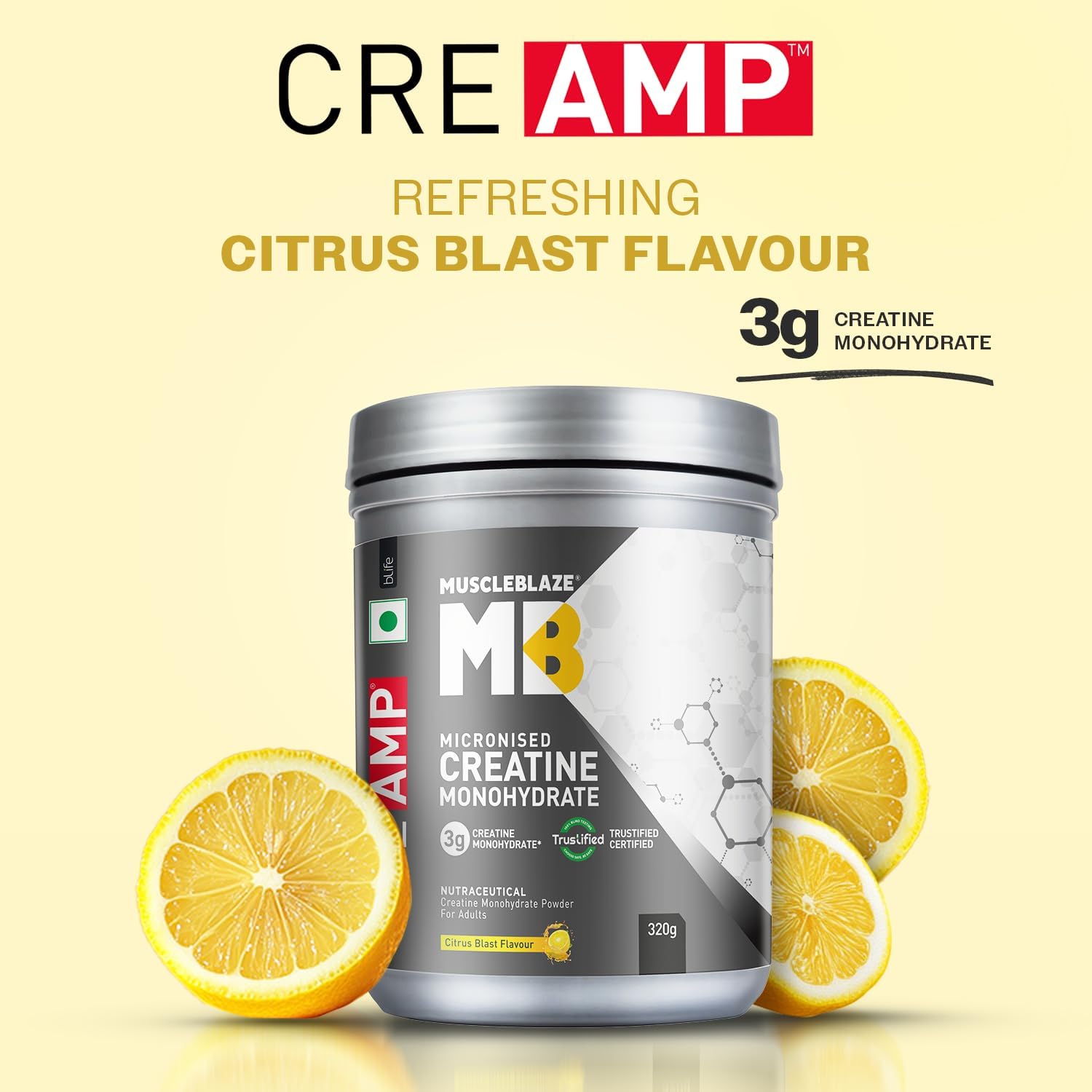 پودر کراتین مونوهیدرات MuscleBlaze CreAMP CreAbsorb – 250 گرم، 62 وعده، طعم مرکبات