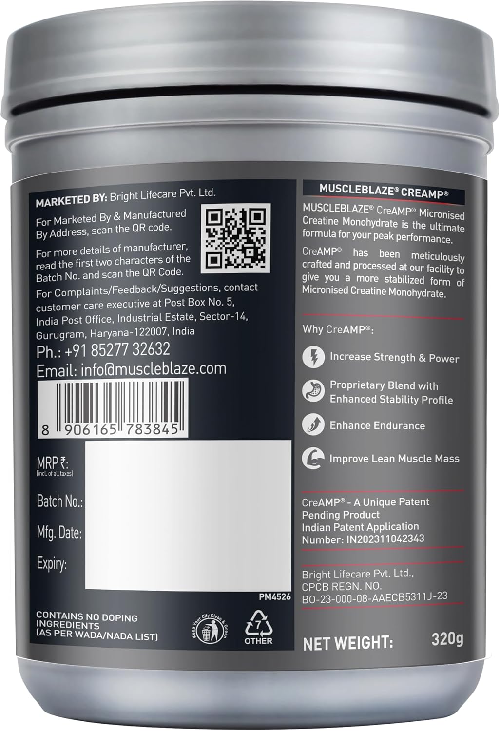 پودر کراتین مونوهیدرات MuscleBlaze CreAMP CreAbsorb – 250 گرم، 62 وعده، طعم مرکبات