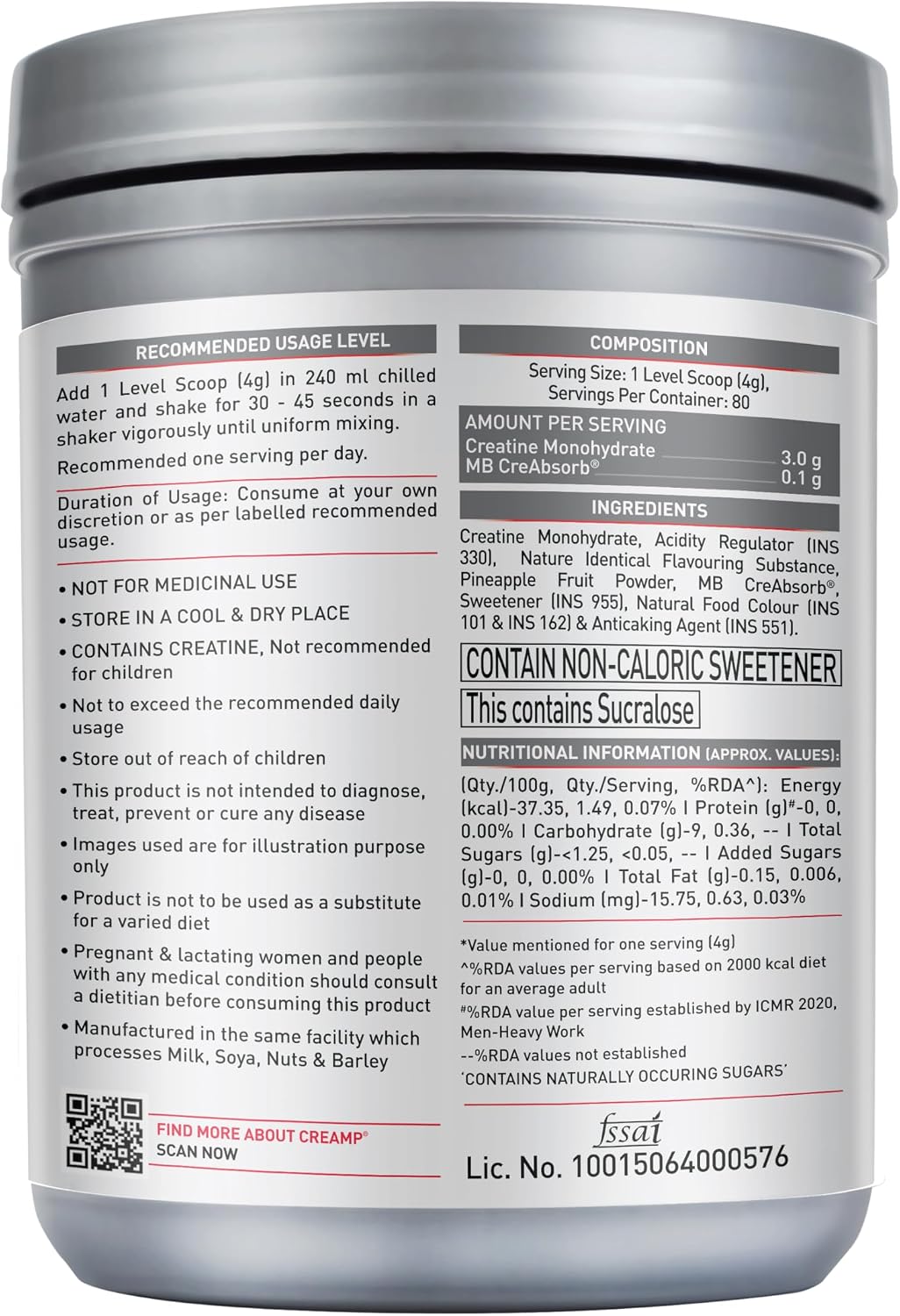 پودر کراتین مونوهیدرات MuscleBlaze CreAMP CreAbsorb – 250 گرم، 62 وعده، طعم مرکبات